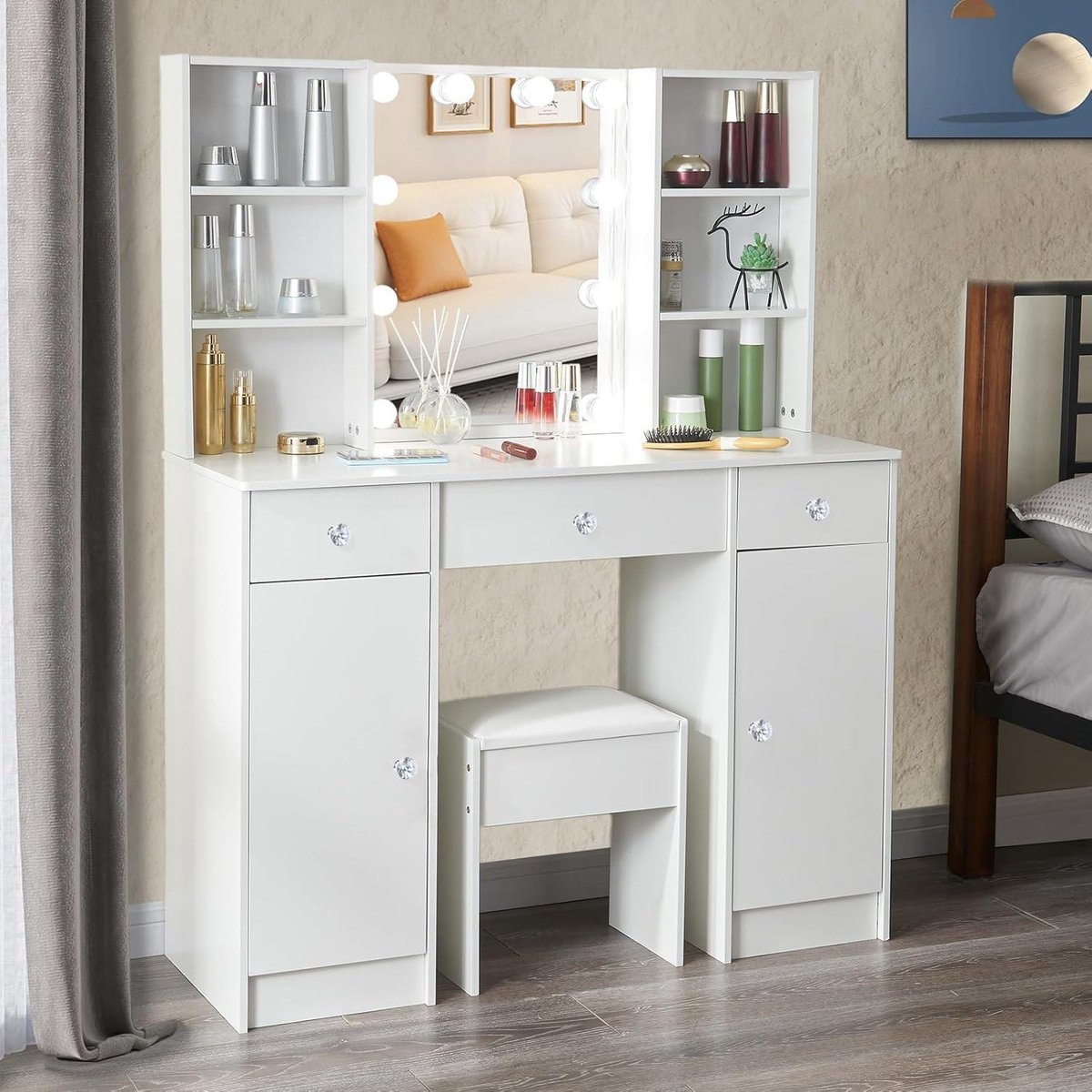 Make-uptafel met spiegel en kruk - Wit - Kaptafel met verlichting - 4 laden - 7 vakken - Slaapkamer - 83 x 36 x 140 cm make-up tafel