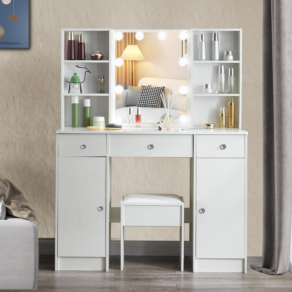 Make-uptafel met spiegel en kruk - Wit - Kaptafel met verlichting - 4 laden - 7 vakken - Slaapkamer - 83 x 36 x 140 cm make-up tafel