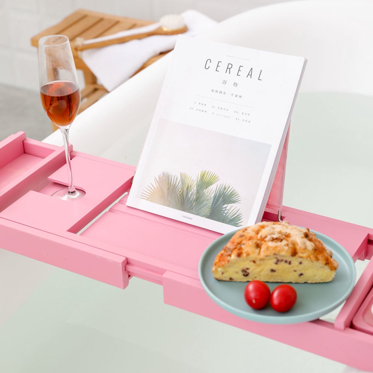Decopatent® Badplank - Uitschuifbaar 75 -> 110 Cm - Verstelbaar Bamboe Badrekje voor in bad - Boekenhouder - Tablethouder - Roze