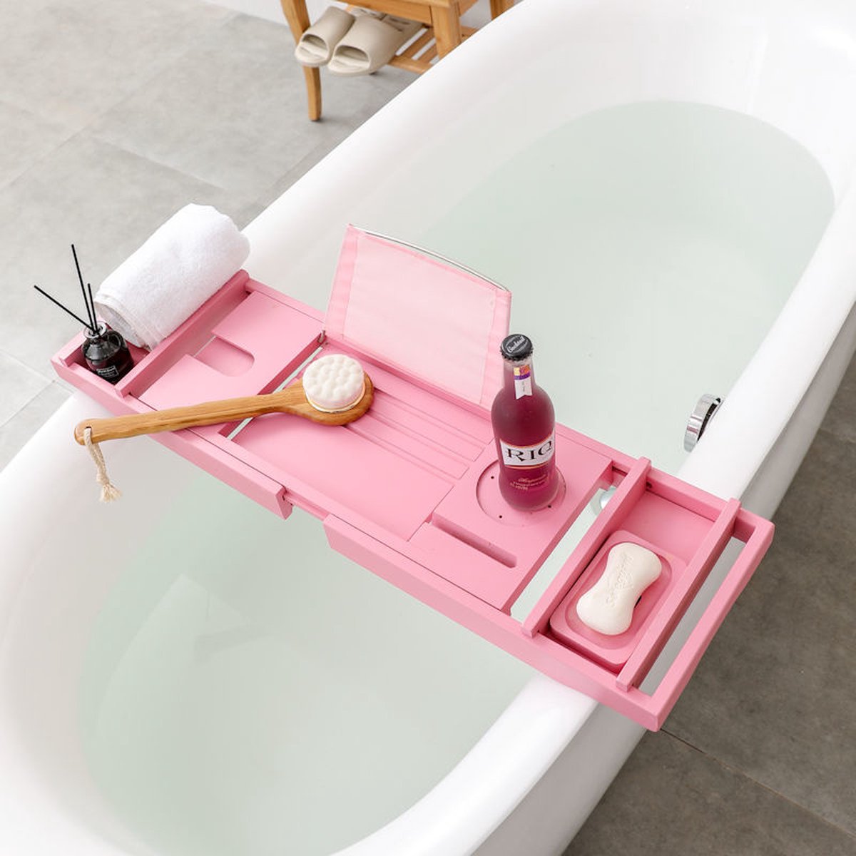 Decopatent® Badplank - Uitschuifbaar 75 -> 110 Cm - Verstelbaar Bamboe Badrekje voor in bad - Boekenhouder - Tablethouder - Roze