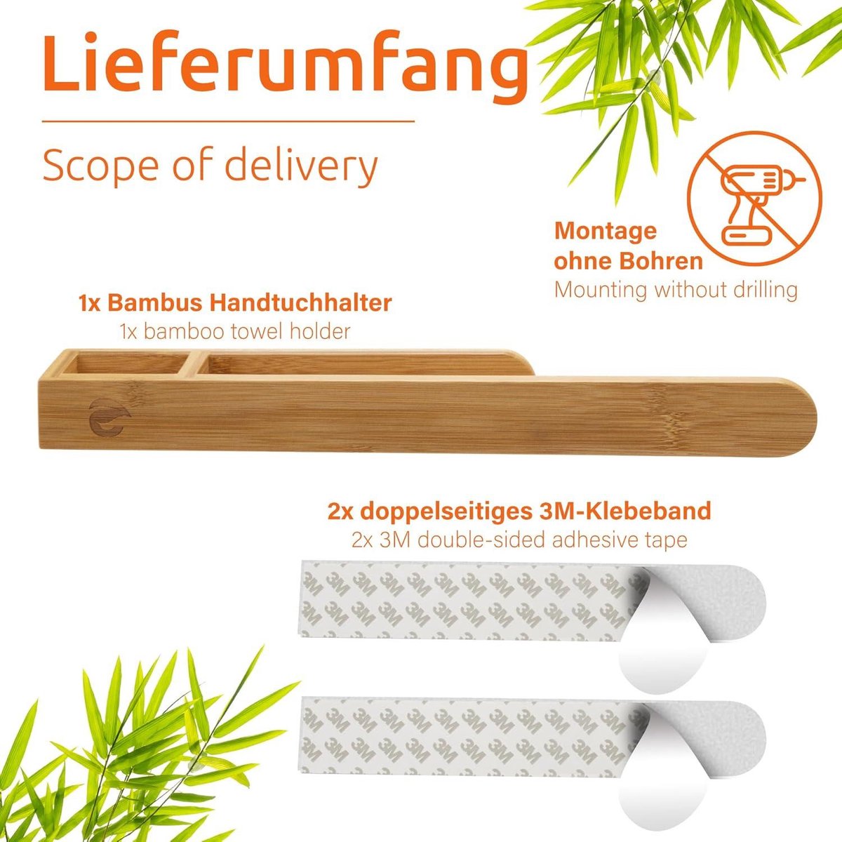 Bamboo towel holder without drilling - Self-adhesive towel rack - Guest towel rack 38.5cm towel ladder