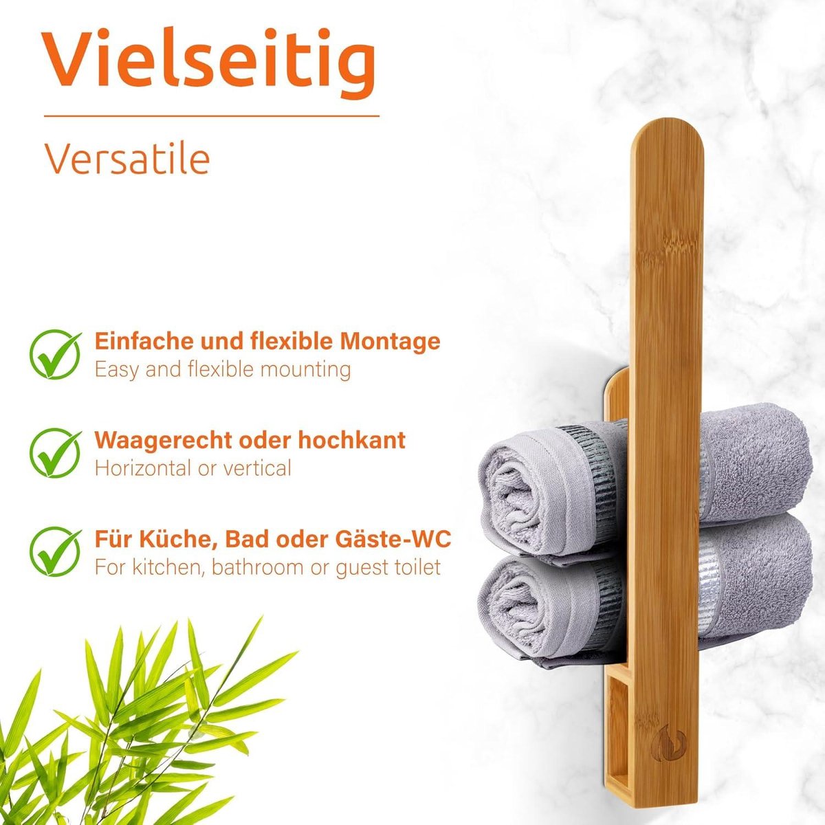 Bamboo towel holder without drilling - Self-adhesive towel rack - Guest towel rack 38.5cm towel ladder