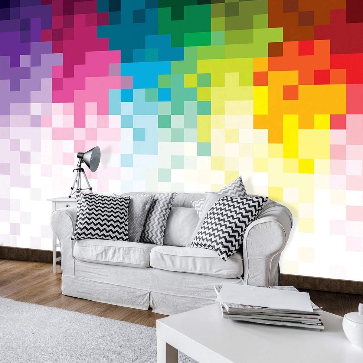 Fotobehang - Vliesbehang - Abstracte Regenboog Pixels - 312 x 219 cm