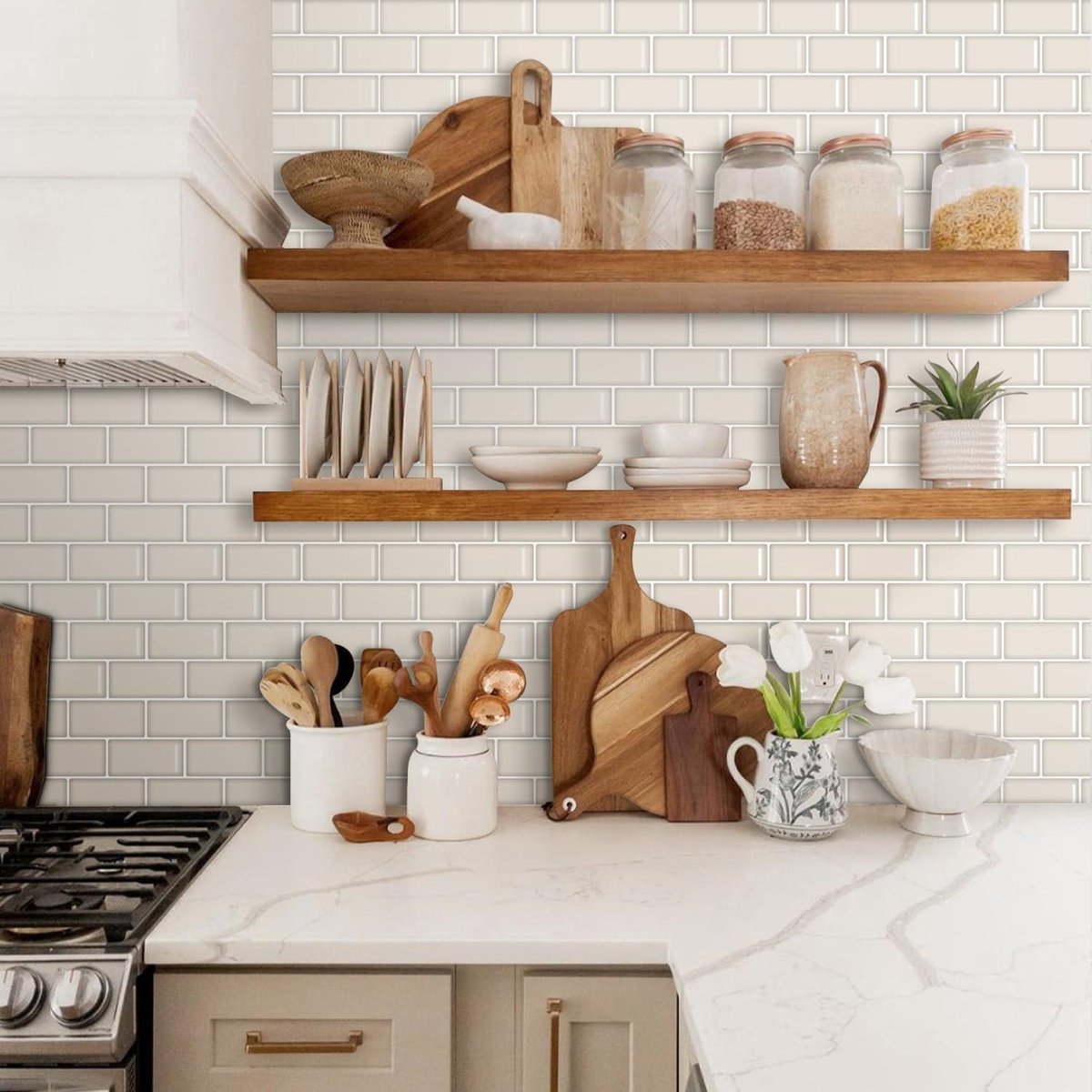 Brown Cream 3D Vinyl Wall Tile Sticker | Thicker Self-Adhesive Waterproof | Kitchen Bathroom | 12"x6" | 10 Sheets