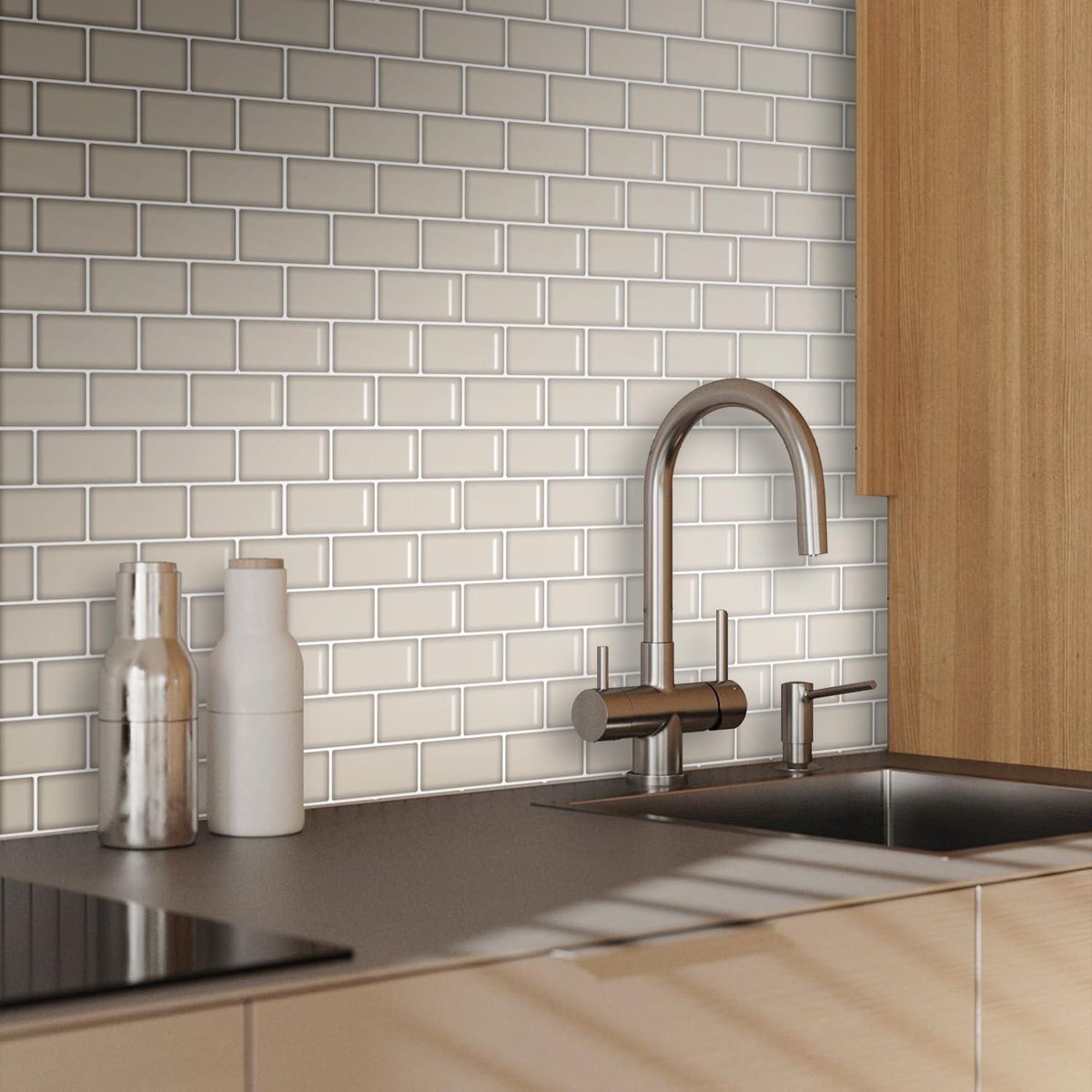 Brown Cream 3D Vinyl Wall Tile Sticker | Thicker Self-Adhesive Waterproof | Kitchen Bathroom | 12"x6" | 10 Sheets
