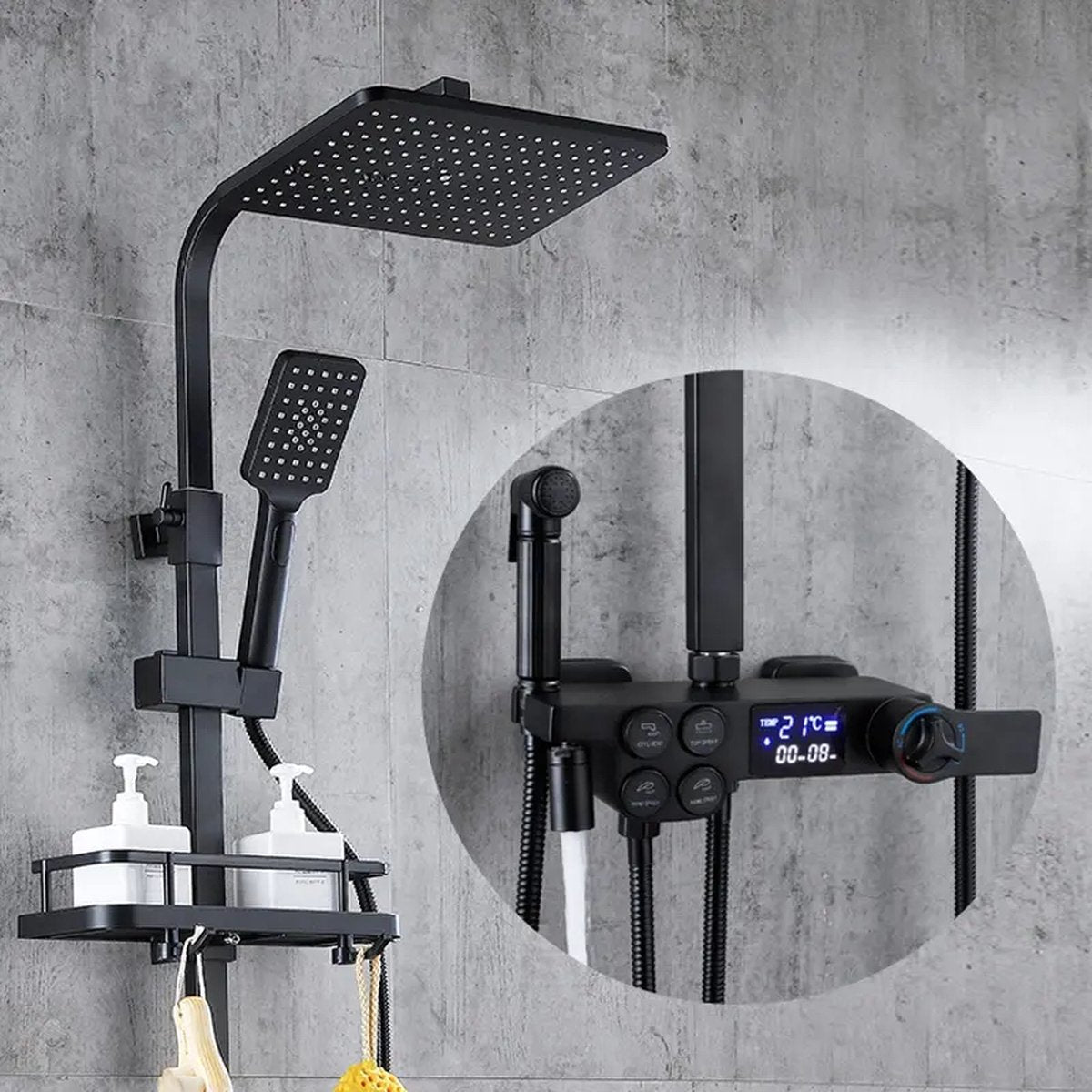 Complete Doucheset | ABS Douchesysteem | Mat Zwarte Hoofd- en Handdouche | Vierkante Regendouche voor Badkamer | Verstelbaar | Temperatuurweergave | 360° Draaibaar