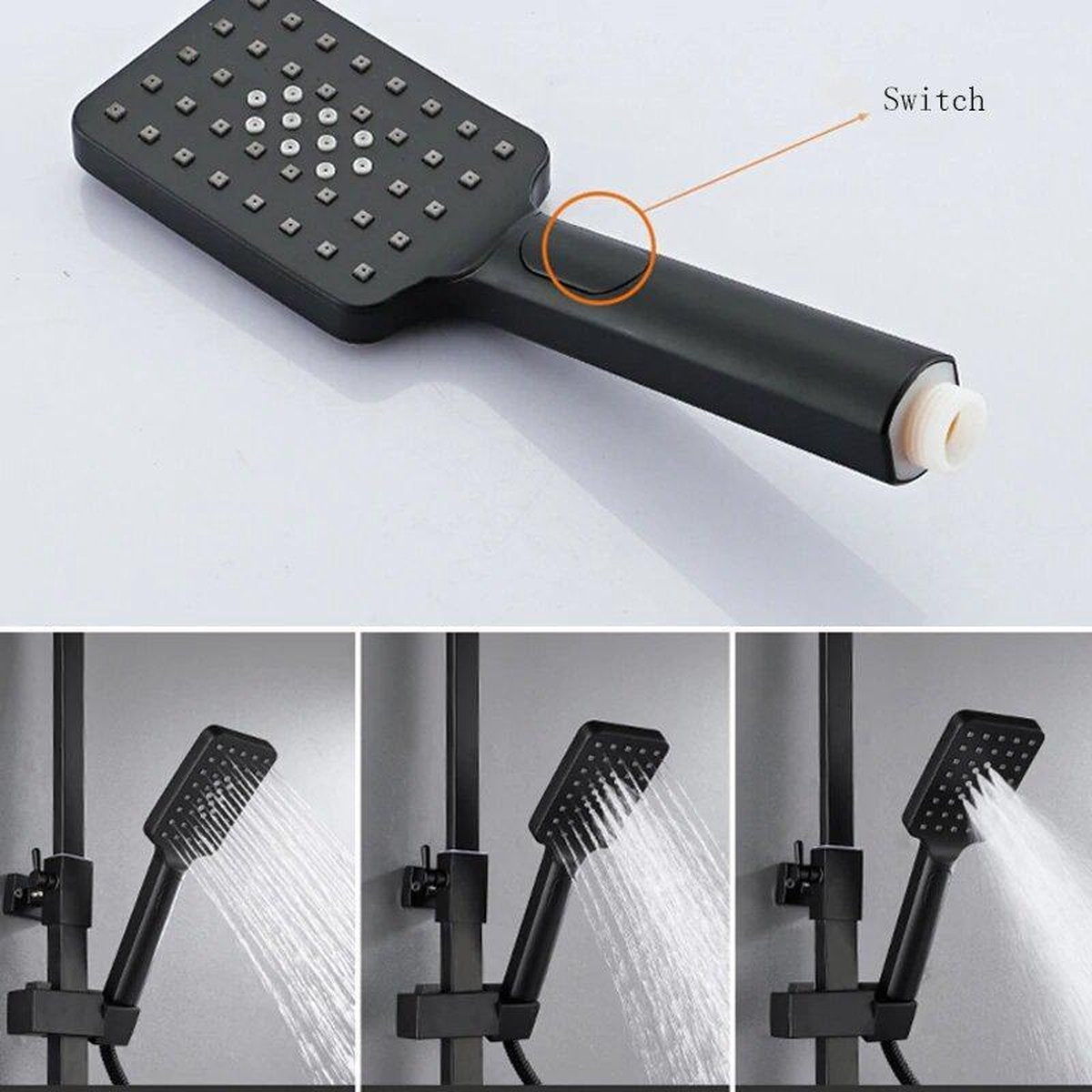 Complete Doucheset | ABS Douchesysteem | Mat Zwarte Hoofd- en Handdouche | Vierkante Regendouche voor Badkamer | Verstelbaar | Temperatuurweergave | 360° Draaibaar