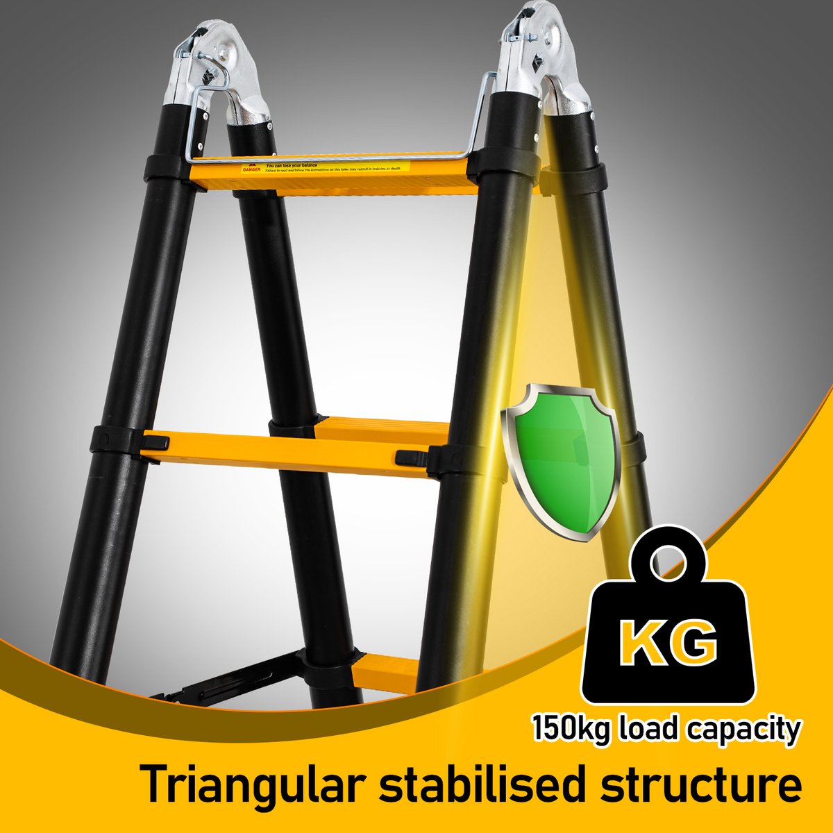 Telescopische vouwladder Telescopische ladders Werkhoogte 1,9+1,9 m - Geelachtig zwart met stabilisator