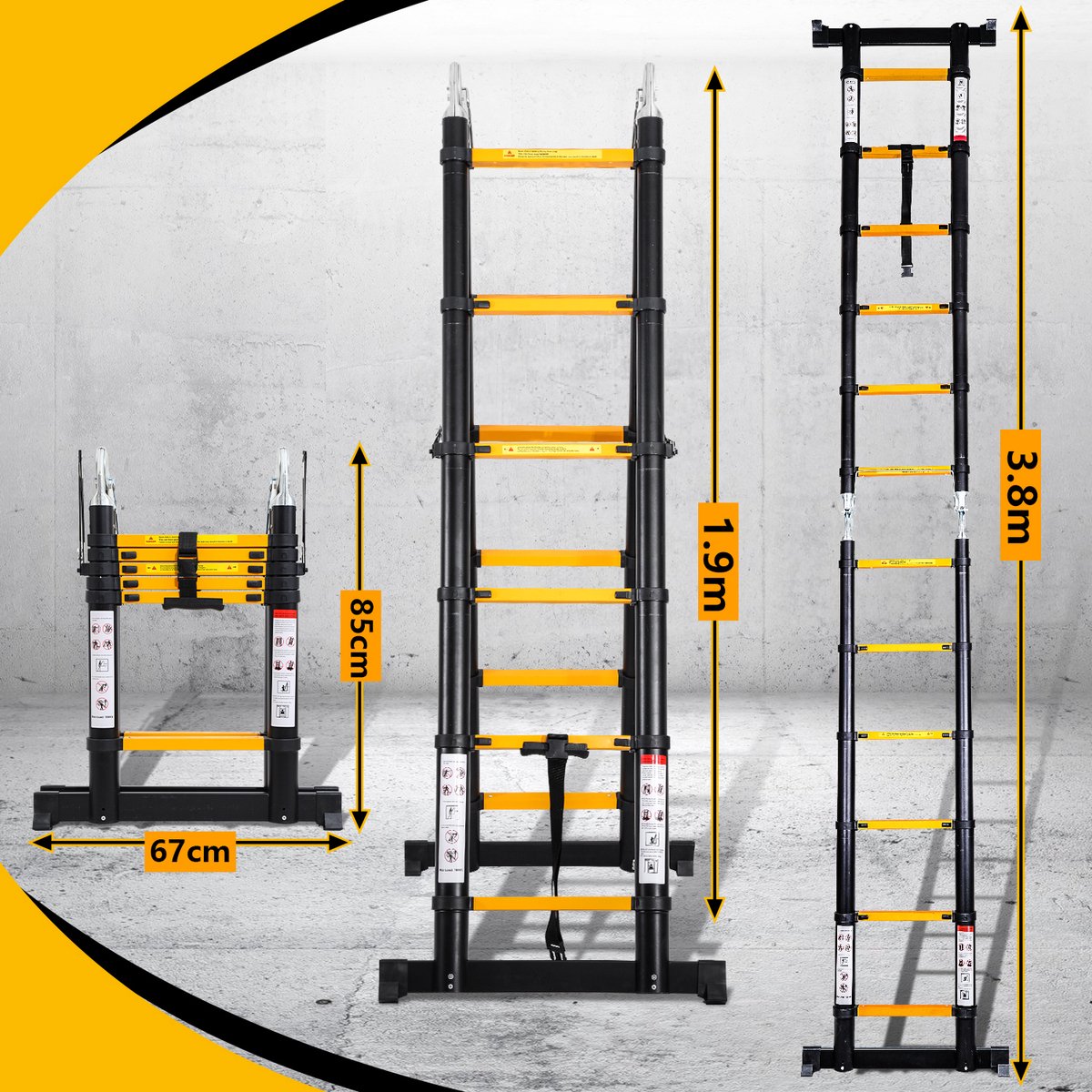 Telescopische vouwladder Telescopische ladders Werkhoogte 1,9+1,9 m - Geelachtig zwart met stabilisator