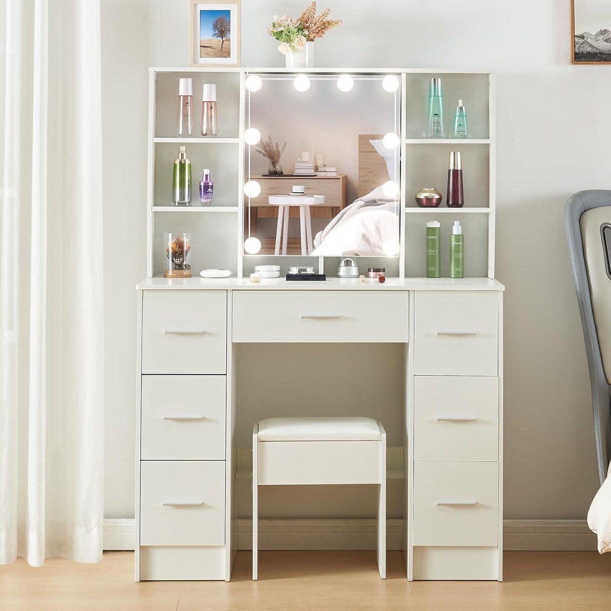 Kaptafel met verlichting - 3 lichtmodi - make-uptafel met spiegel en kruk - grote make-uptafel - 5 laden - 4 planken - 1 kast - 100 x 40 x 140 cm