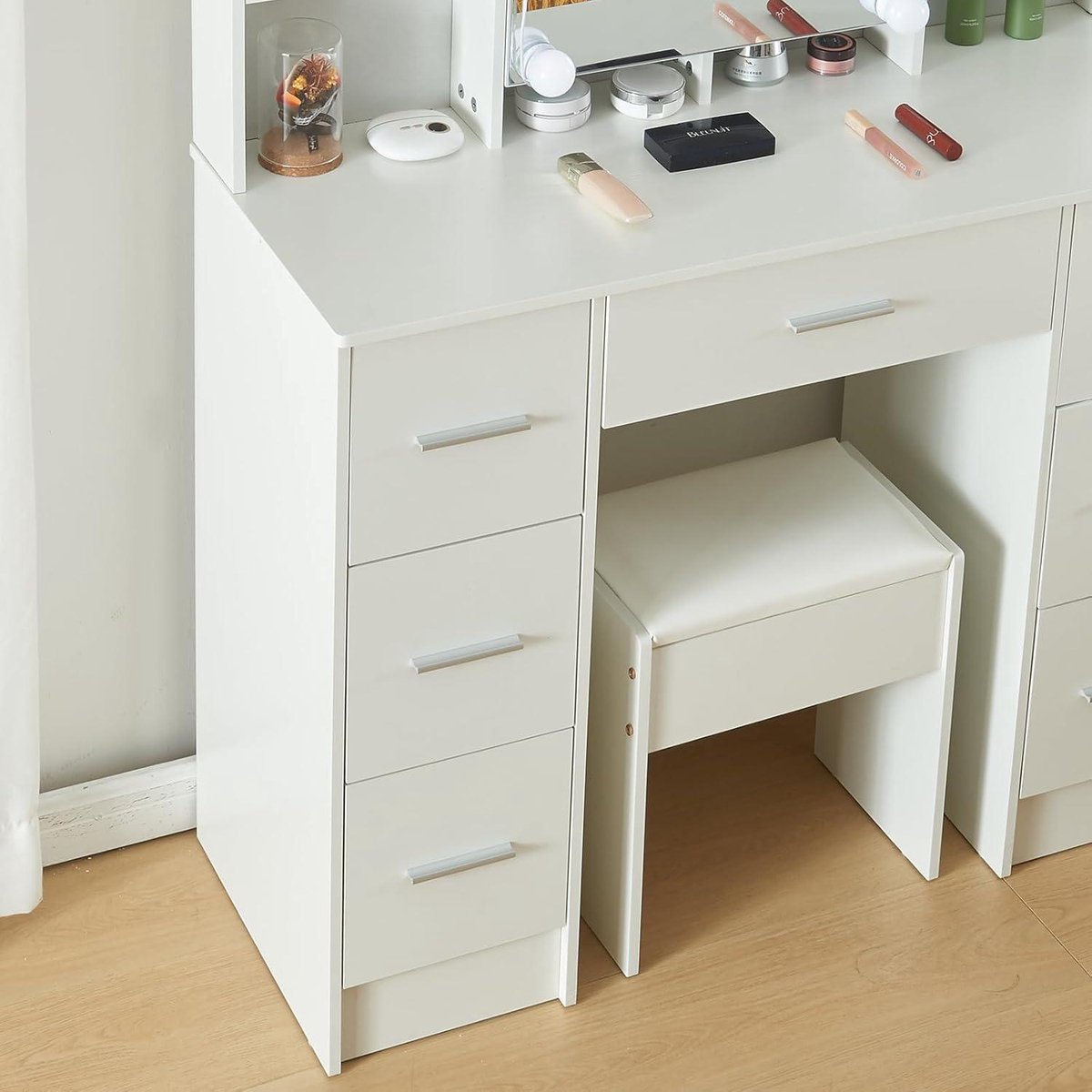 Kaptafel met verlichting - 3 lichtmodi - make-uptafel met spiegel en kruk - grote make-uptafel - 5 laden - 4 planken - 1 kast - 100 x 40 x 140 cm