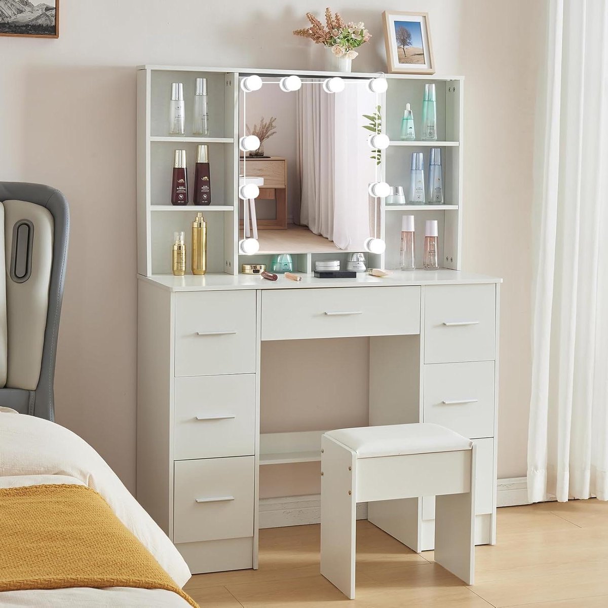 Kaptafel met verlichting - 3 lichtmodi - make-uptafel met spiegel en kruk - grote make-uptafel - 5 laden - 4 planken - 1 kast - 100 x 40 x 140 cm