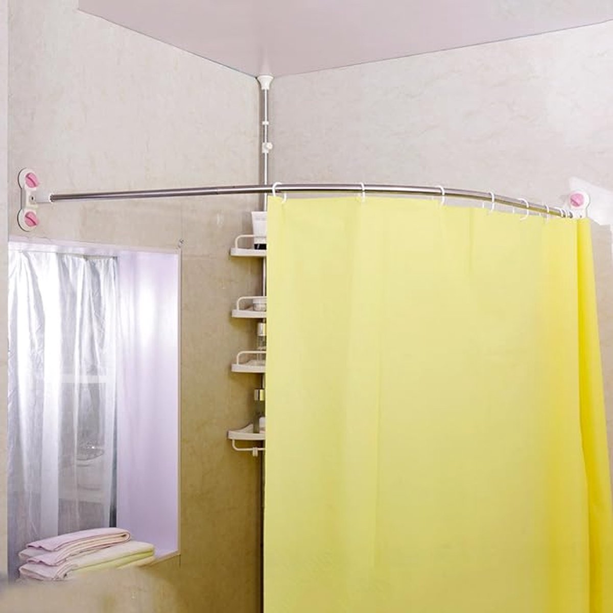 Curved Shower Curtain Rod Corner No Drilling with Suction Cups Shower Rod Bath Curtain Rails Stainless Steel, for Bathtub Shower Bathroom Dressing Room, 115.5 x 115.5