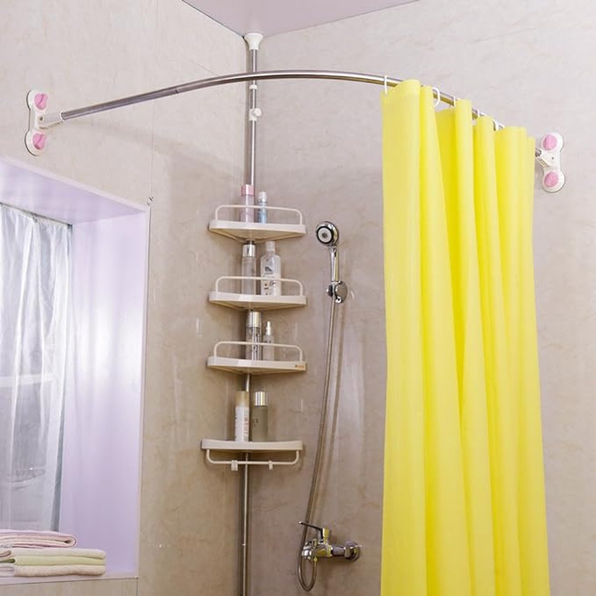 Curved Shower Curtain Rod Corner No Drilling with Suction Cups Shower Rod Bath Curtain Rails Stainless Steel, for Bathtub Shower Bathroom Dressing Room, 115.5 x 115.5