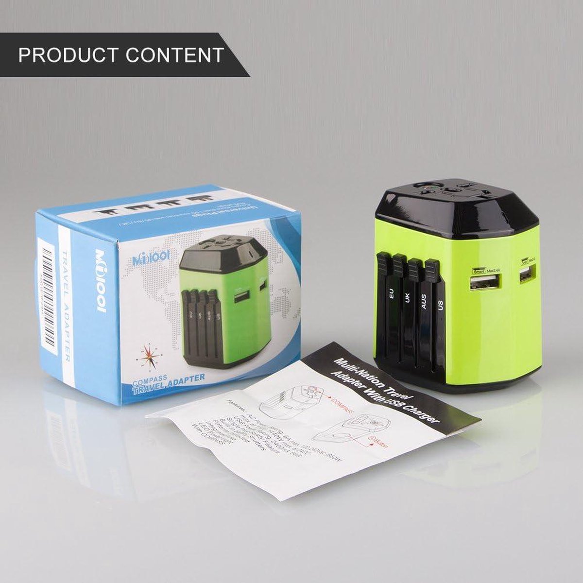 Universal travel adapter with 2 USB ports - UK EU US AU - 180 countries - all-in-one plug adapter - green