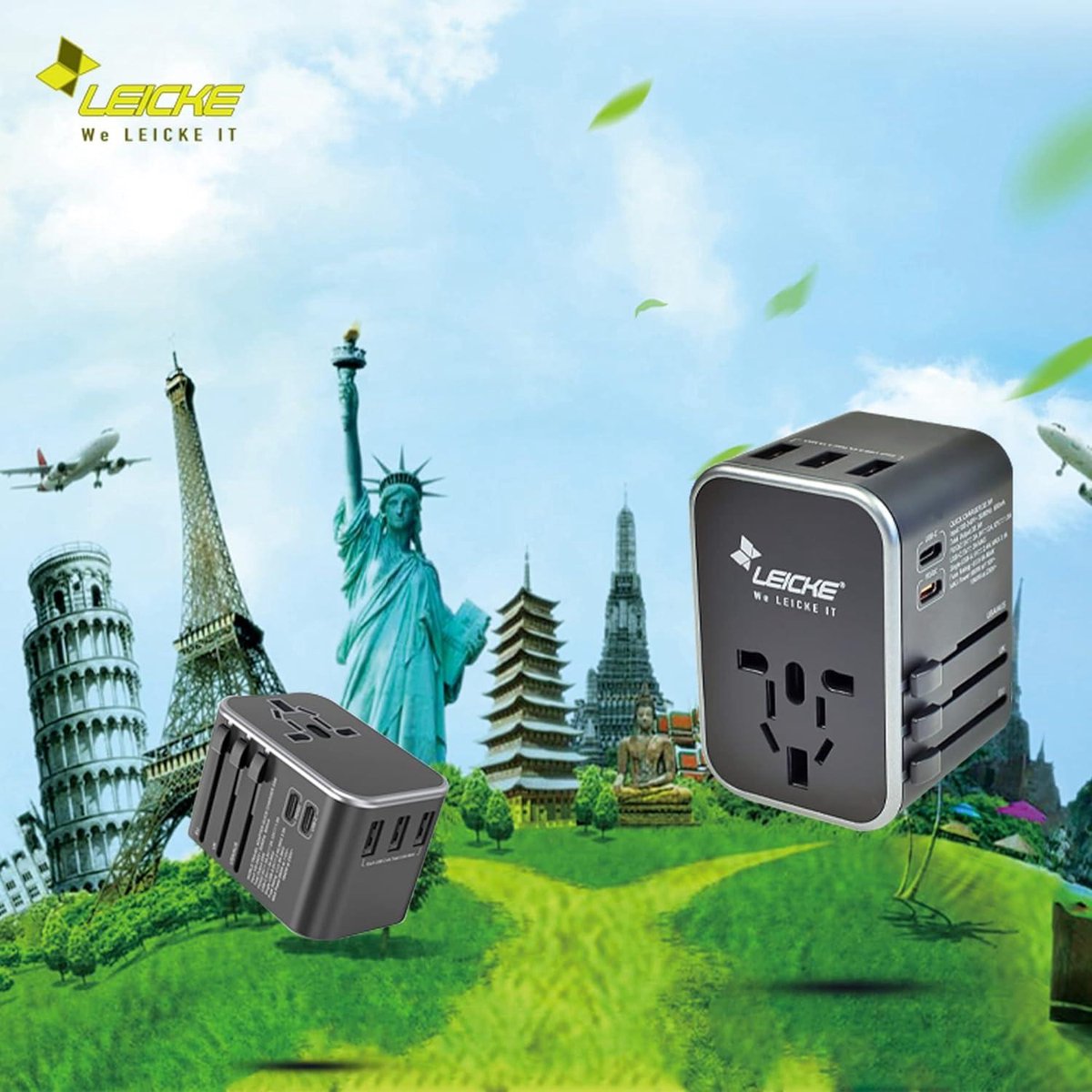 Universal travel adapter - International travel plug with 3 USB A ports - 2 type C - 224 countries - US/EU/UK/AUS plugs