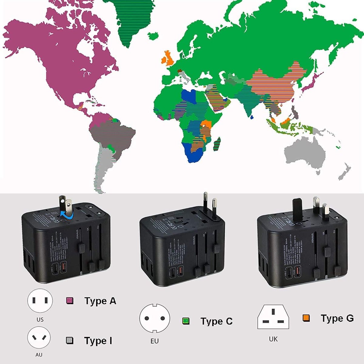 Universal travel adapter - International travel plug with 3 USB A ports - 2 type C - 224 countries - US/EU/UK/AUS plugs