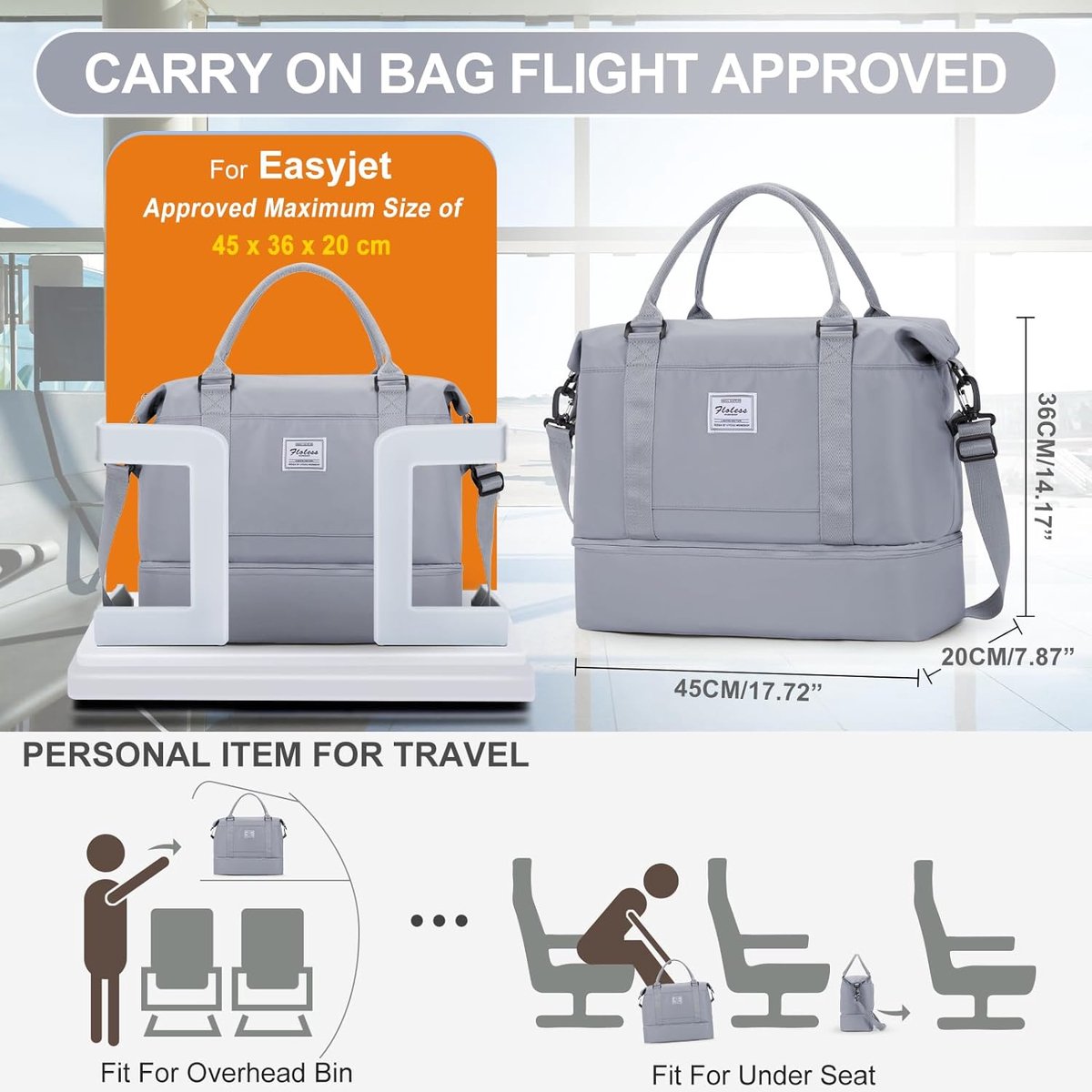 Handbagage, 40 x 20 x 25 cm, handbagage, tas voor vliegtuig, reistas, uitbreidbare handbagagetas, 45 x 36 x 20 cm, voor Easyjet Cabin bag, sporttas, overnight weekendtas, trainingstas,