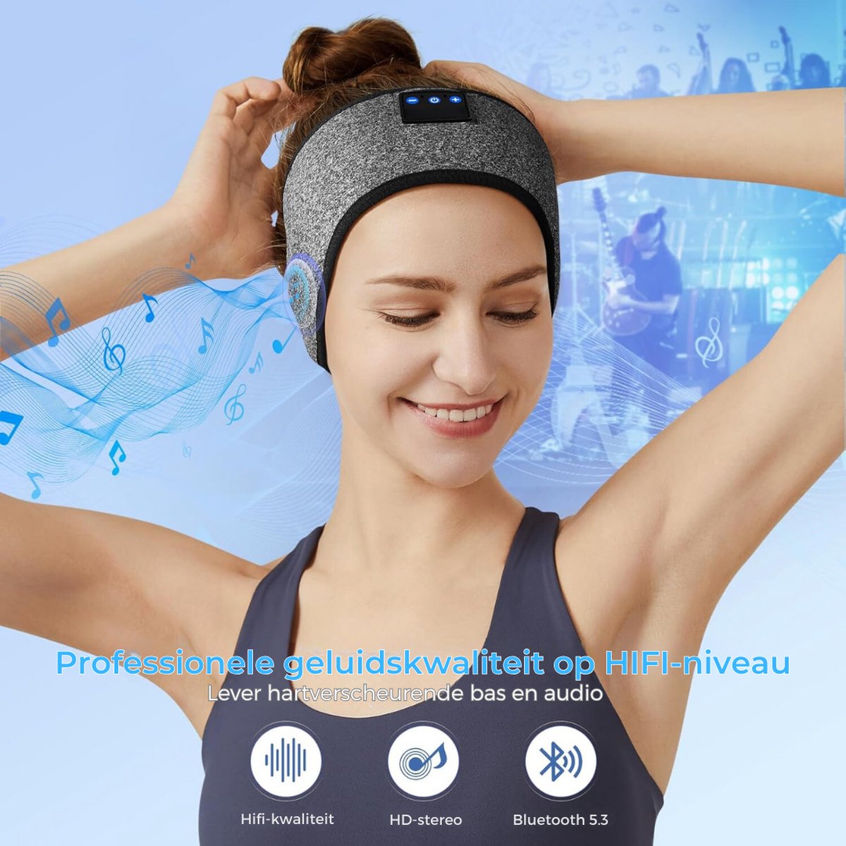Slaapmasker Bluetooth - Slaap Koptelefoon - Sleepphones - Draadloos - Stretch - Geschikt Voor Hardlopen - Grijs