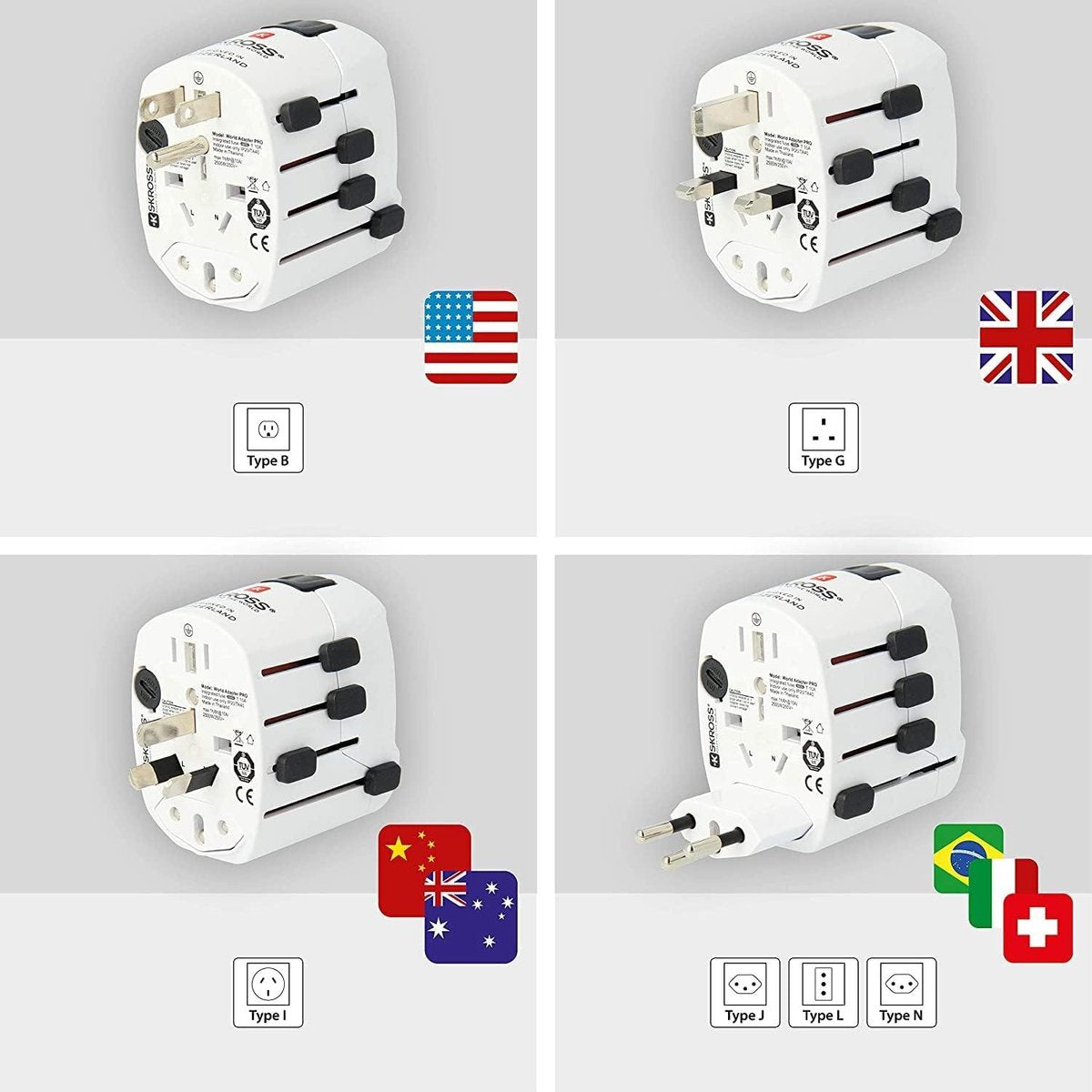 PRO Light Universele reisadapter 2 en 3 polen voor Schuko - Nominale spanning en vermogen 100V – 630W / 250V – 1575W - Geschikt voor pc's en haardrogers - Met schokbescherming