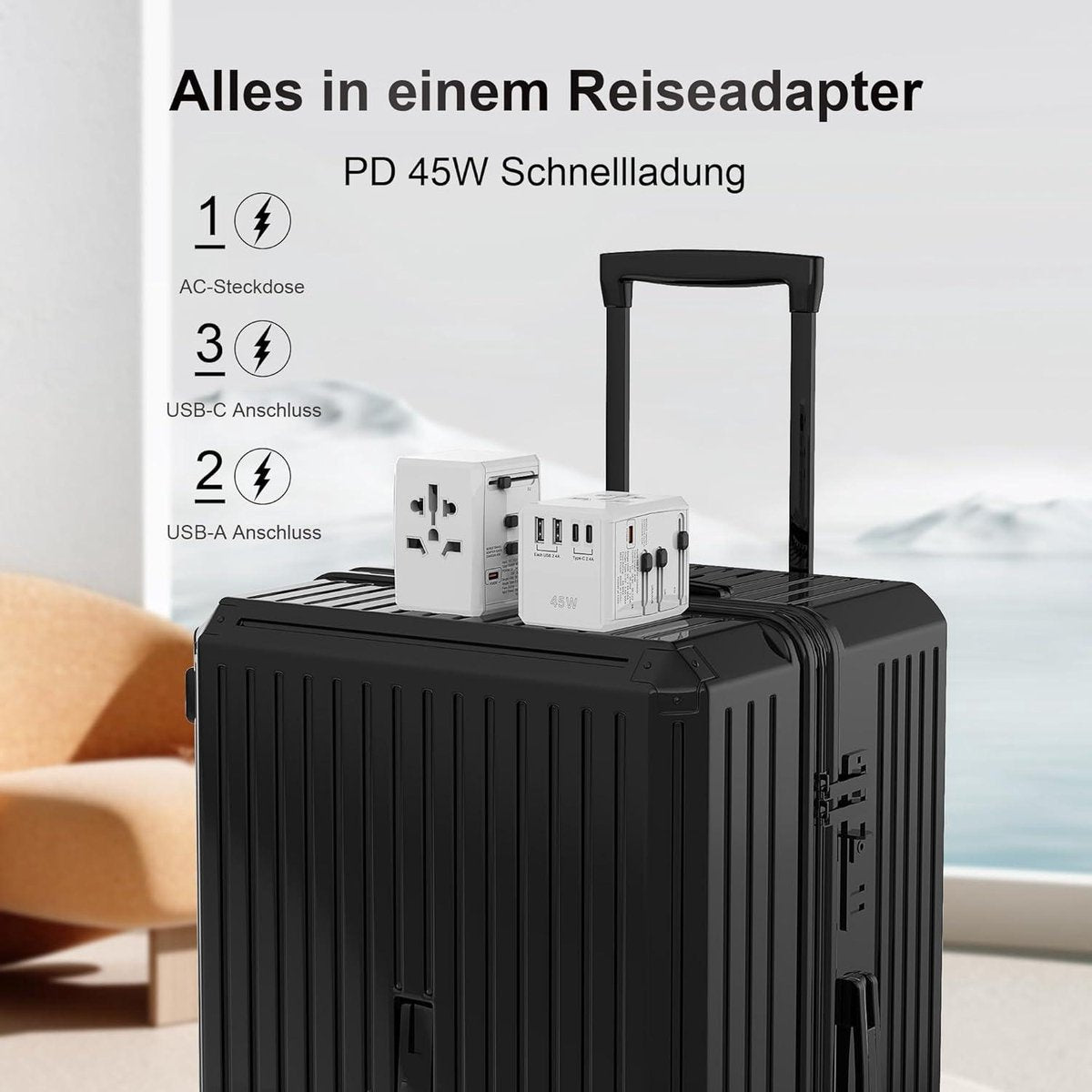 SAFEMORE PD 45 W snellaad-reisadapter - USB C - 5 poorten - AC-stopcontact - wereldwijd gebruik - wit