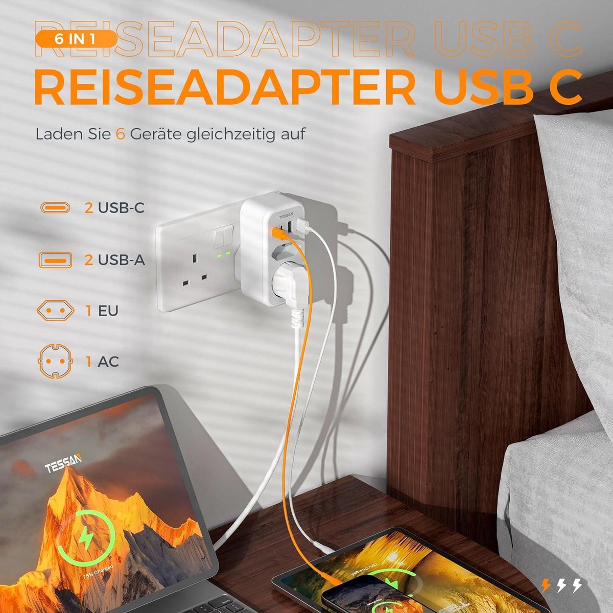 Reisadapter UK met USB C USB A - 6-in-1 Stopcontactadapter Engeland Schotland Type G - Londen Ierland.