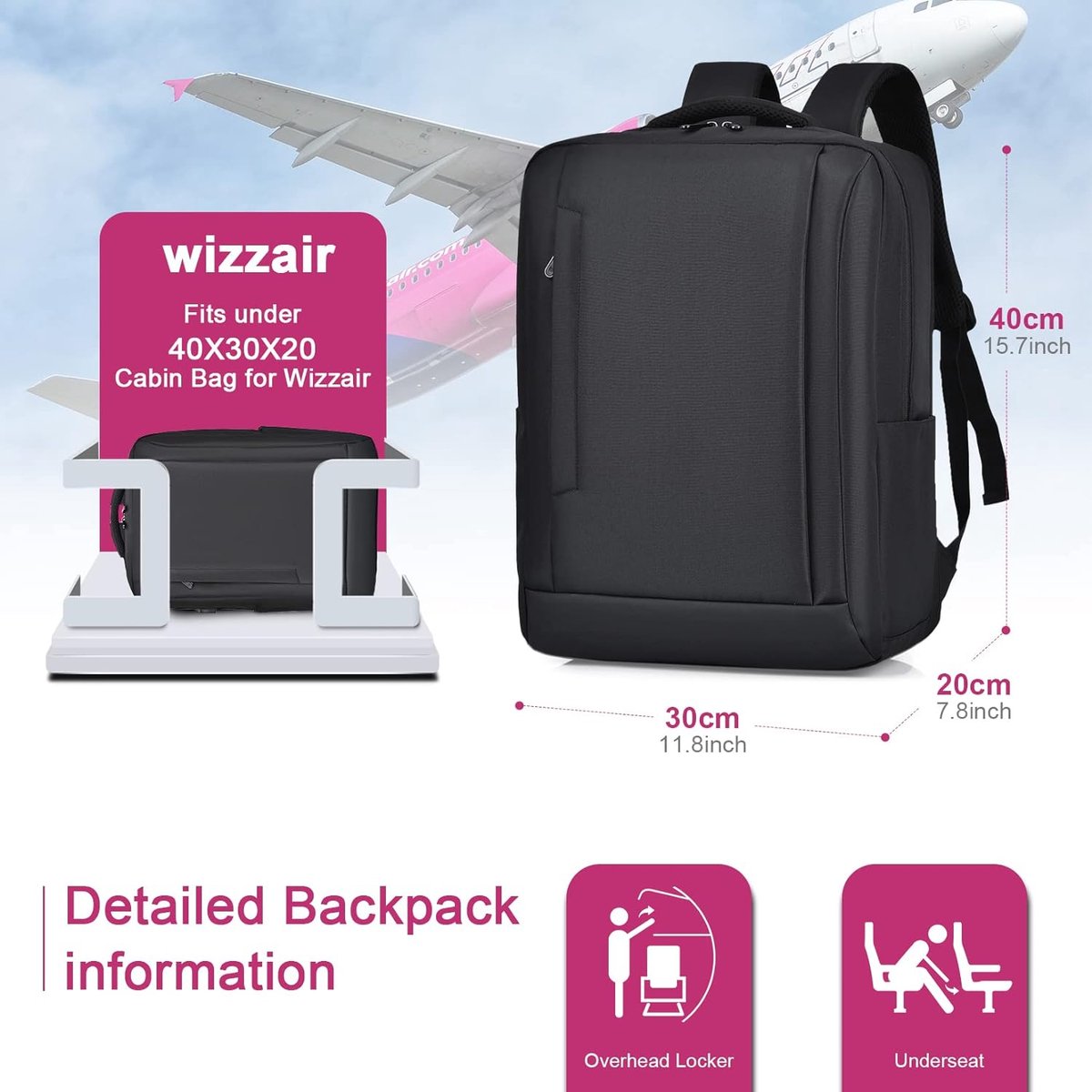 risetas Ryanair Cabine, maximale grootte, uitbreidbaar, rugzak, reizen, cabine, vliegtuig, waterdicht, Oxford, laptoptas 15,6 inch, met USB-oplaadpoort, 40 x 30 x 20 cm Wizzair Oxford, Cabine