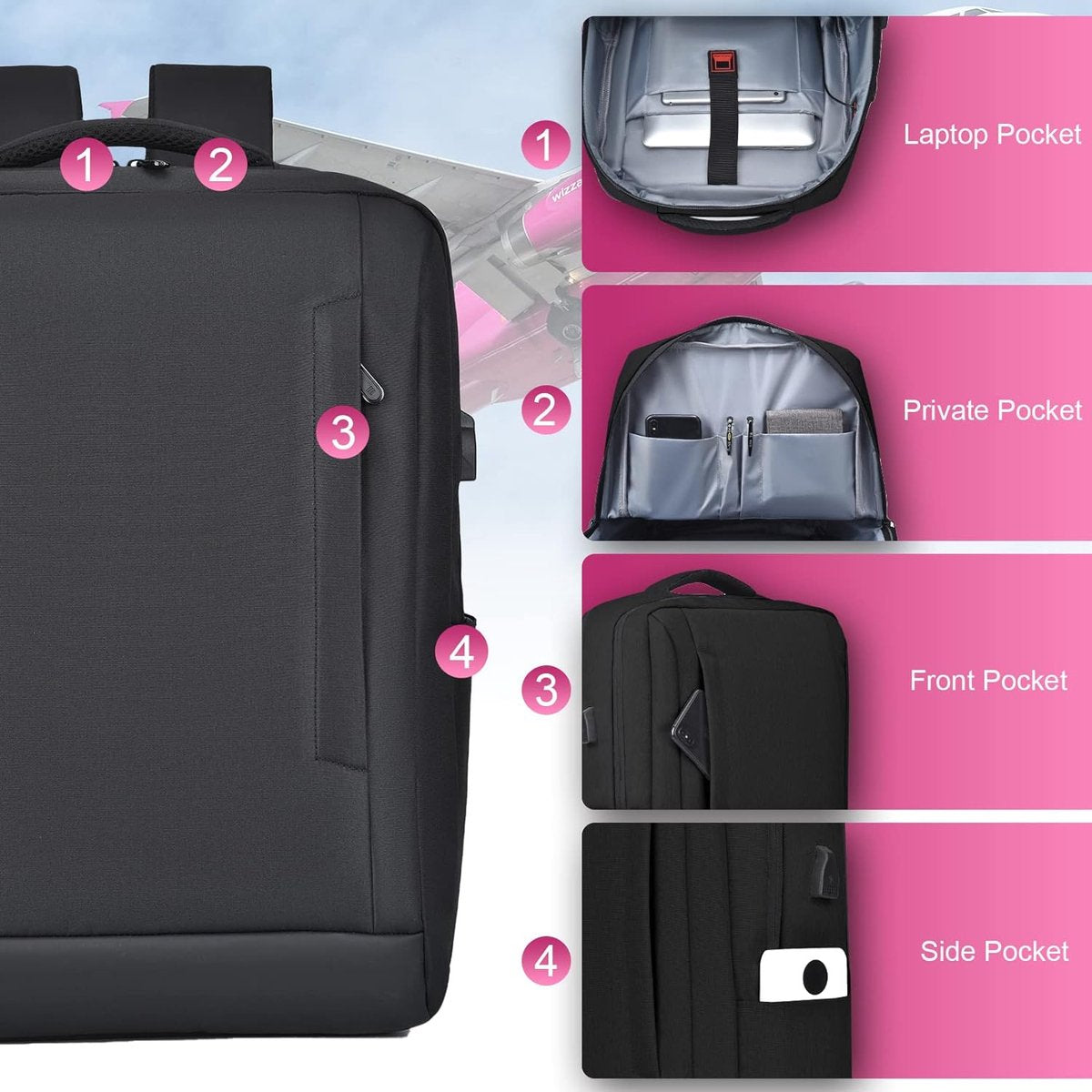 risetas Ryanair Cabine, maximale grootte, uitbreidbaar, rugzak, reizen, cabine, vliegtuig, waterdicht, Oxford, laptoptas 15,6 inch, met USB-oplaadpoort, 40 x 30 x 20 cm Wizzair Oxford, Cabine