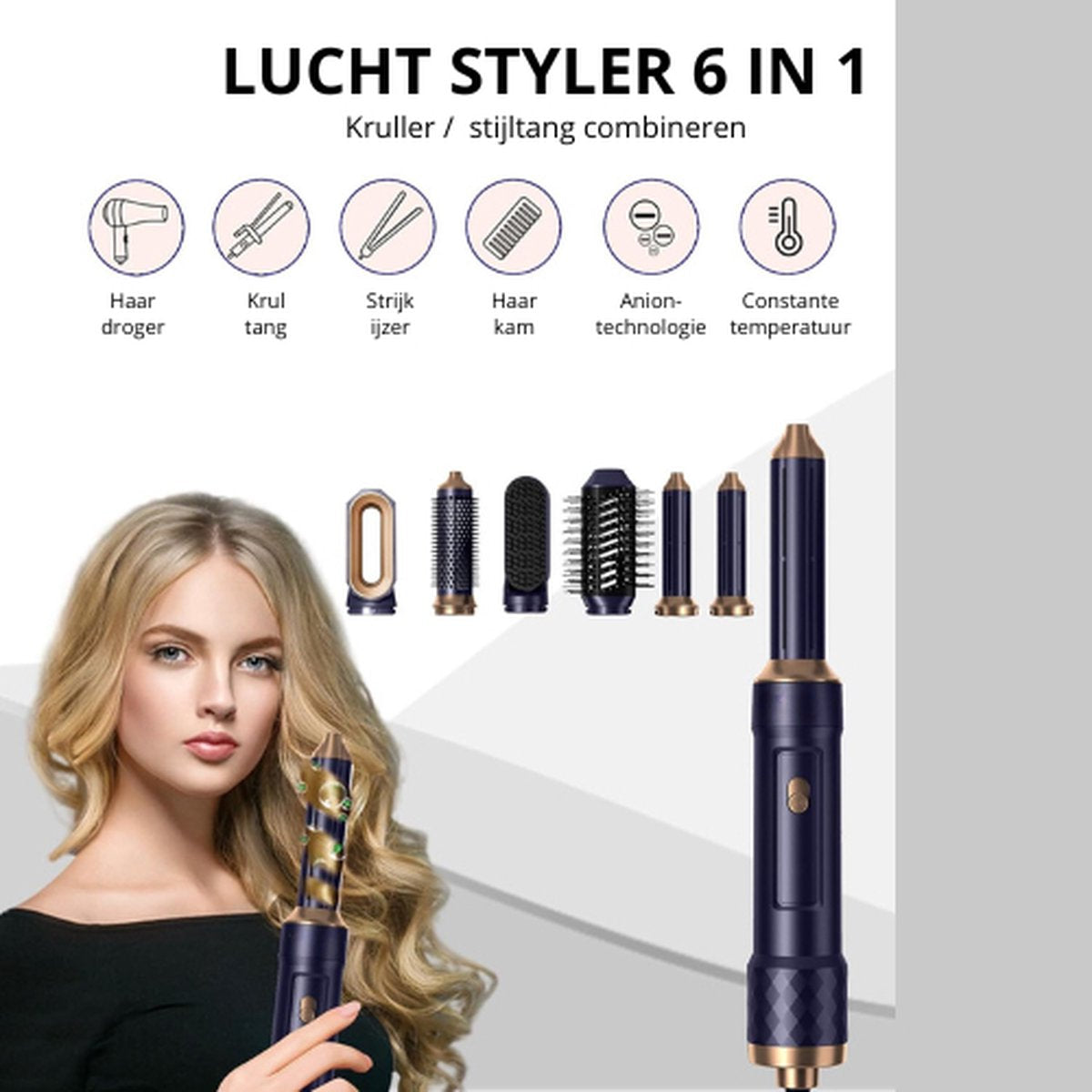 Hot Air Brush Set - 6in1 Air Styler - Hair Dryer with Brush - Blow Dryer Brush - Curling Brush - Straightening Brush - Thermal Brush - Hair Dryer