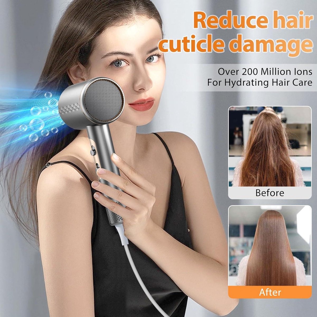 Ionische Föhn 2400 W Professionele Haardroger met 1 Concentrator - Diffuser 2 Snelheden en 3 Temperaturen