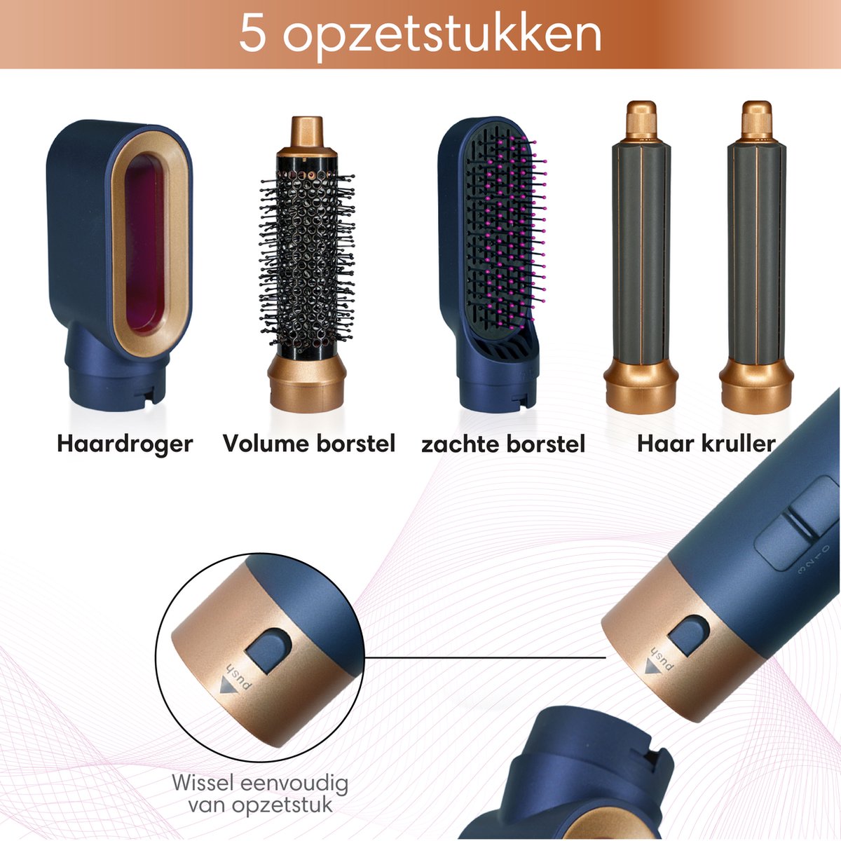 Airstyler Krultang 5-in-1 - Multistyler Föhnborstel - Kort & Lang Haar - Blauw Goud