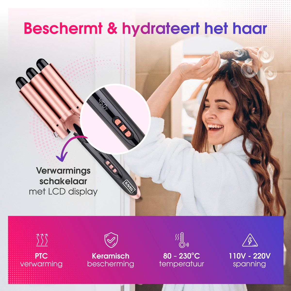 Keramische krultang met opzetstukken Wafeltang Waver Golvenkrultang - Curling Iron - 9 tot 32mm - Meerdere kleuren - RAVEG