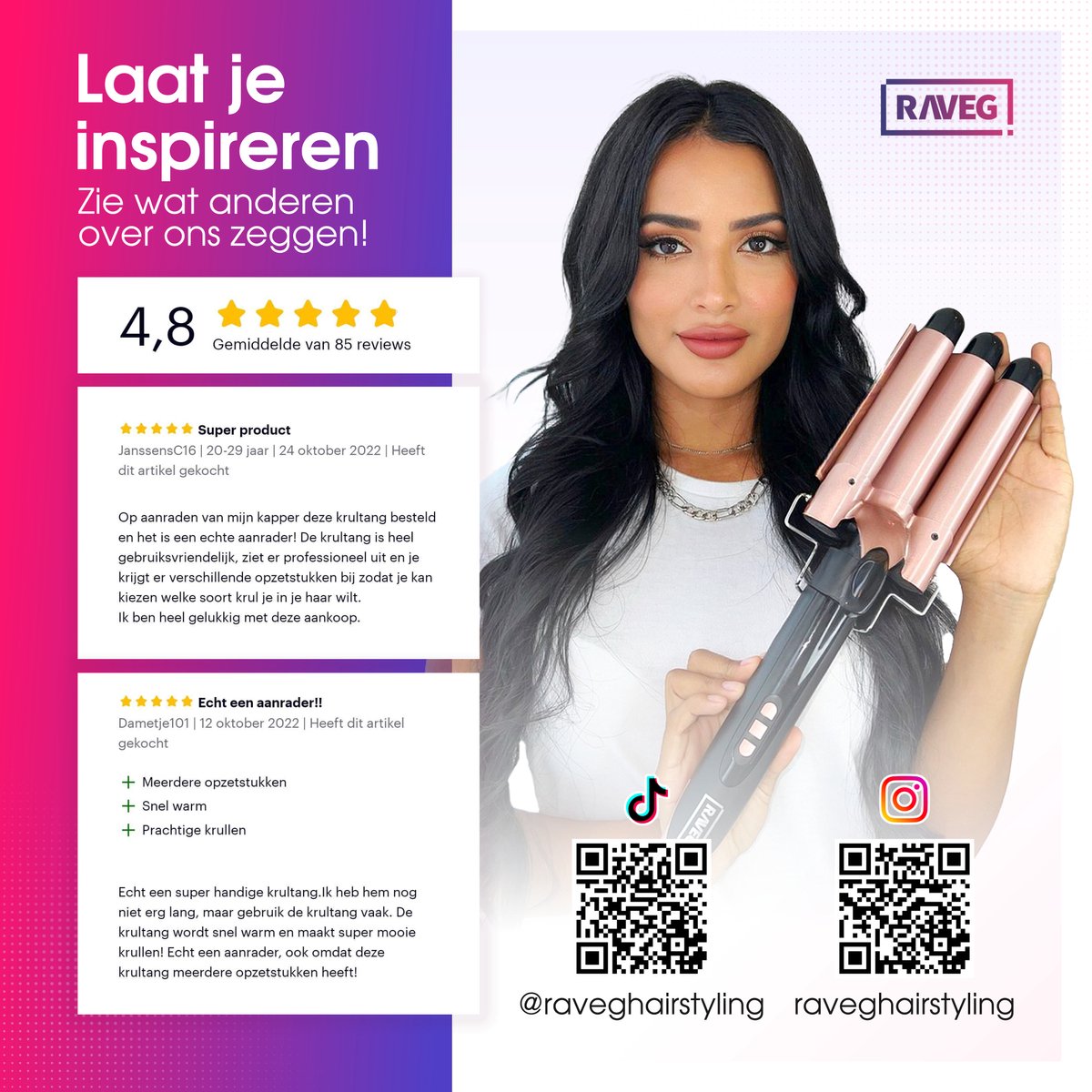 Keramische krultang met opzetstukken Wafeltang Waver Golvenkrultang - Curling Iron - 9 tot 32mm - Meerdere kleuren - RAVEG