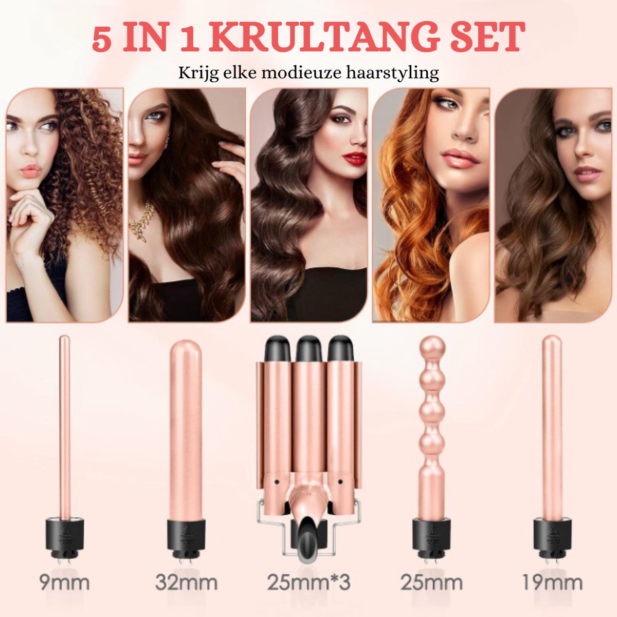 Versatile 5-in-1 Ceramic Curling Iron Set - Interchangeable Attachments, Digital Display, Adjustable Temperature (80-230 °C), Including 2 Hair Clips and Comb