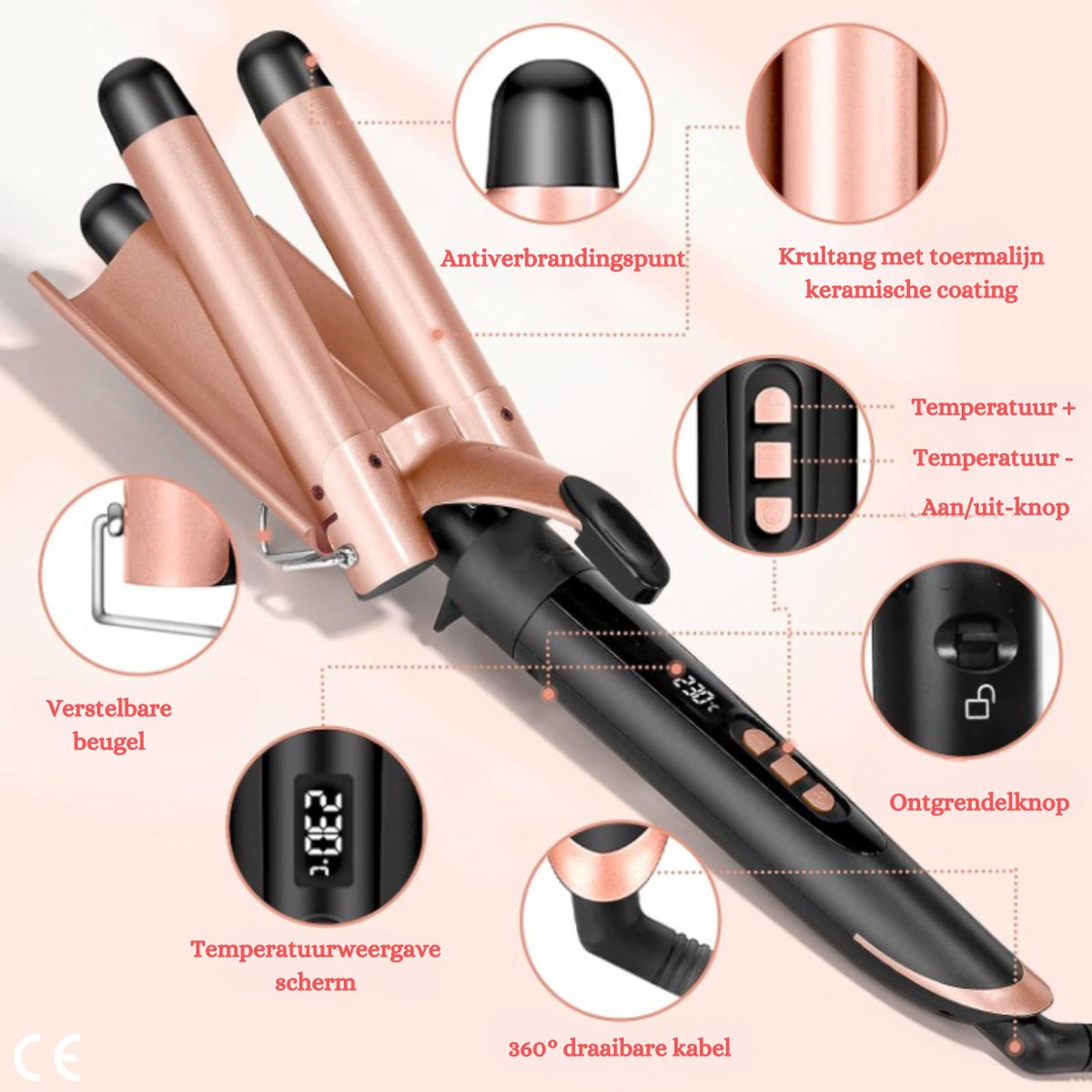 Versatile 5-in-1 Ceramic Curling Iron Set - Interchangeable Attachments, Digital Display, Adjustable Temperature (80-230 °C), Including 2 Hair Clips and Comb