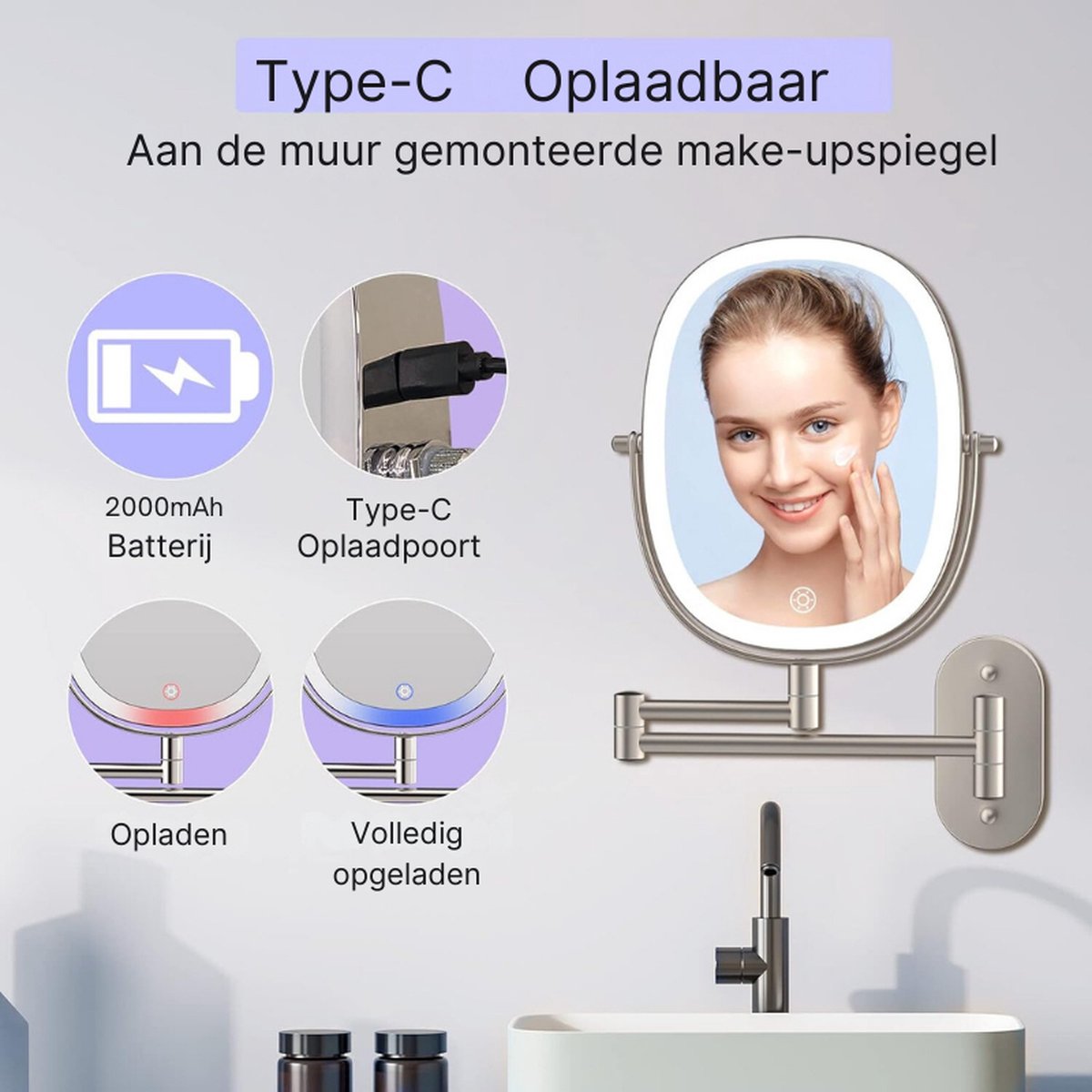 Rechargeable LED Make-up Mirror, 1x/7x Magnification - Dimmable Shaving Mirror with 3 Color Settings, 360° Rotatable Touchscreen Wall Mirror for Bathroom and Hotel