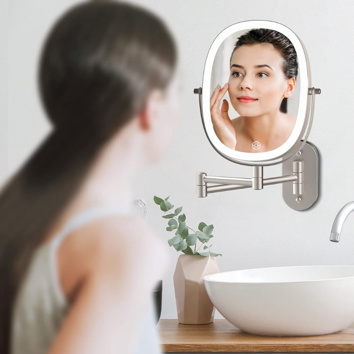 Rechargeable LED Make-up Mirror, 1x/7x Magnification - Dimmable Shaving Mirror with 3 Color Settings, 360° Rotatable Touchscreen Wall Mirror for Bathroom and Hotel
