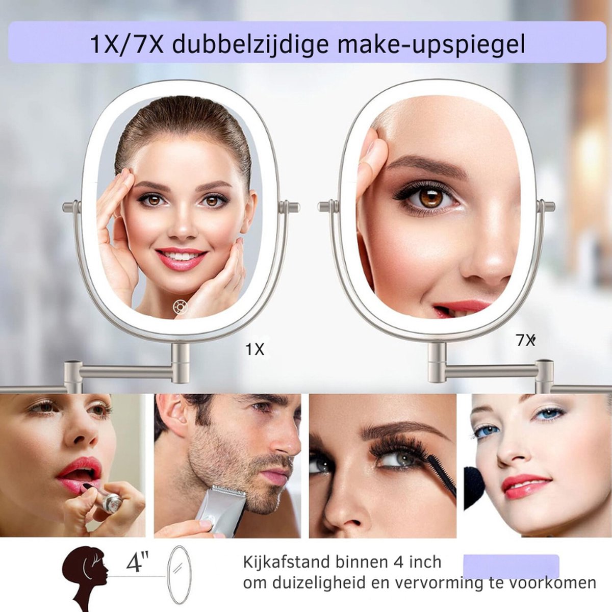 Rechargeable LED Make-up Mirror, 1x/7x Magnification - Dimmable Shaving Mirror with 3 Color Settings, 360° Rotatable Touchscreen Wall Mirror for Bathroom and Hotel