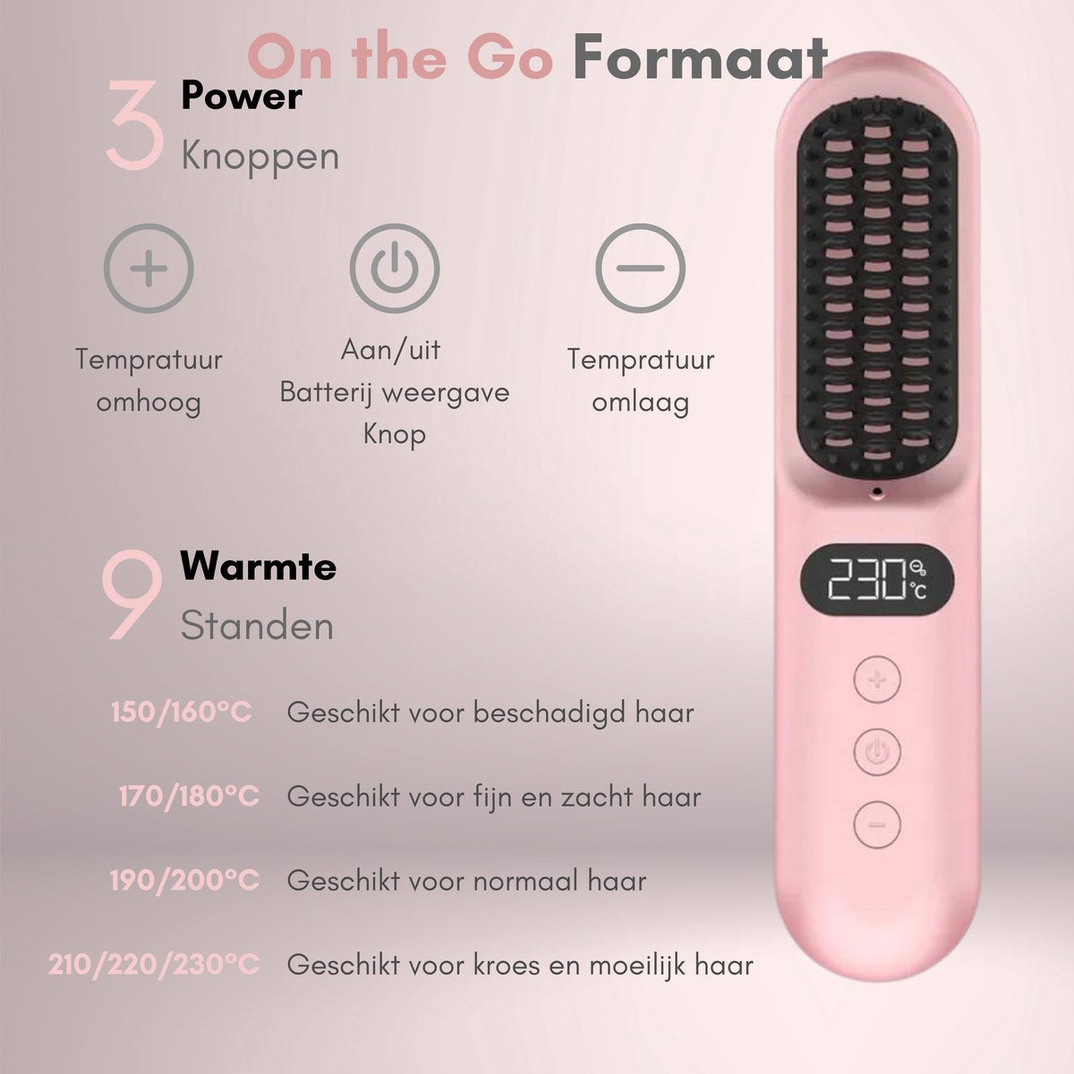 Draadloze Stijlborstel - LED - 2024 Model - Sinterklaas - Kerst - Roze - 230 graden - Stijlkam - Stijlborstels - Warmteborstel - Straight Brush - Elektrische haarborstel - Stijltang - Föhnborstel - Draadloze föhn - Draadloze stijltang - Oplaadbaar