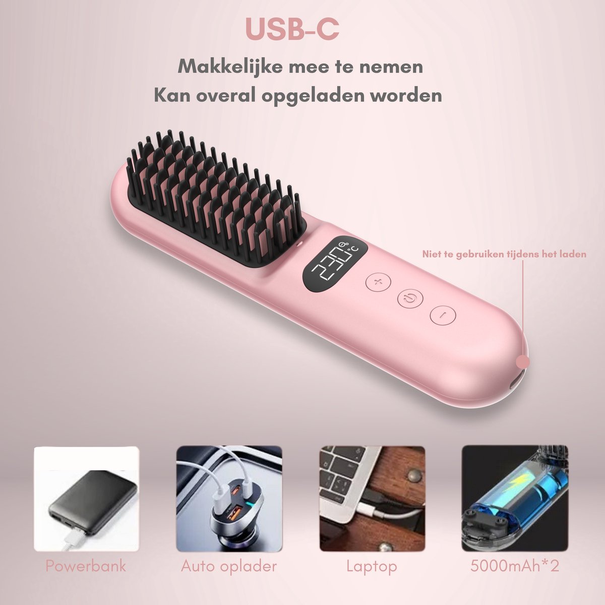 Draadloze Stijlborstel - LED - 2024 Model - Sinterklaas - Kerst - Roze - 230 graden - Stijlkam - Stijlborstels - Warmteborstel - Straight Brush - Elektrische haarborstel - Stijltang - Föhnborstel - Draadloze föhn - Draadloze stijltang - Oplaadbaar