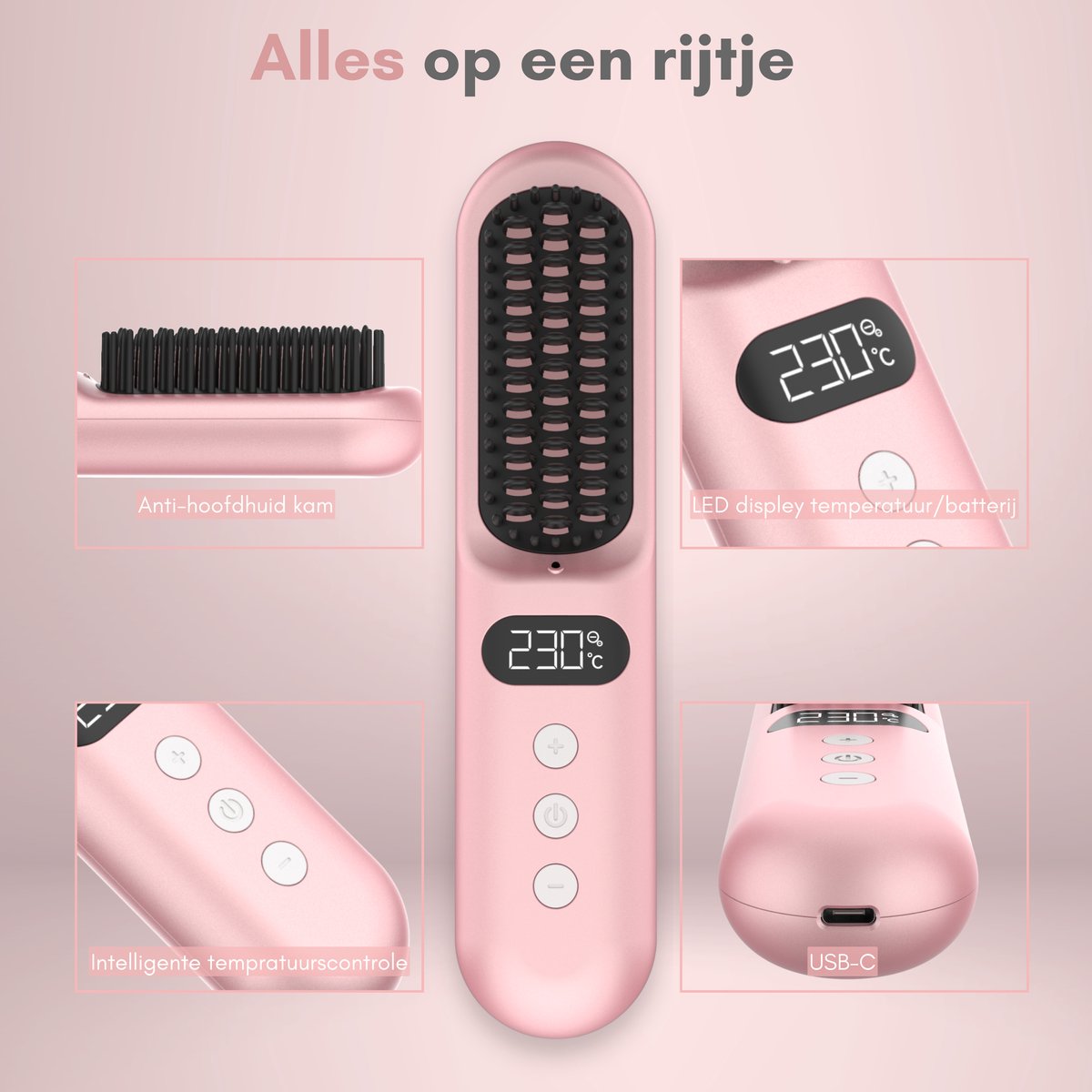 Draadloze Stijlborstel - LED - 2024 Model - Sinterklaas - Kerst - Roze - 230 graden - Stijlkam - Stijlborstels - Warmteborstel - Straight Brush - Elektrische haarborstel - Stijltang - Föhnborstel - Draadloze föhn - Draadloze stijltang - Oplaadbaar