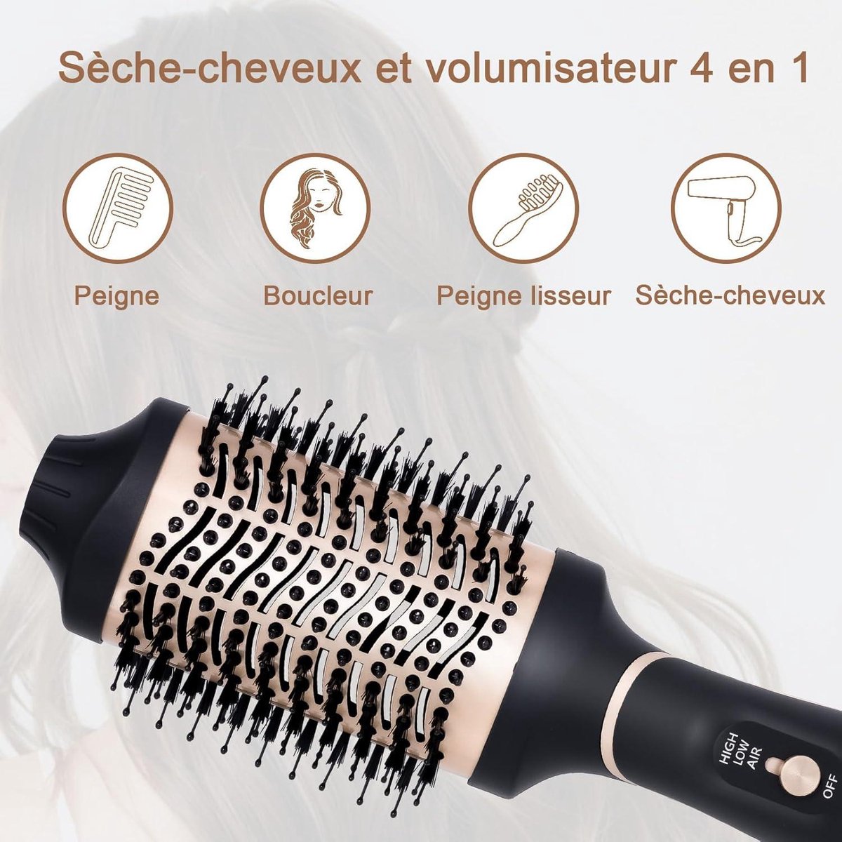 4-in-1 volume-haardroger 1000 W - Verwarmde haarborstel met 3 temperaturen en 2 luchtstromen - Ronde verwarmde borstel voor het drogen, gladmaken, volume en stylen