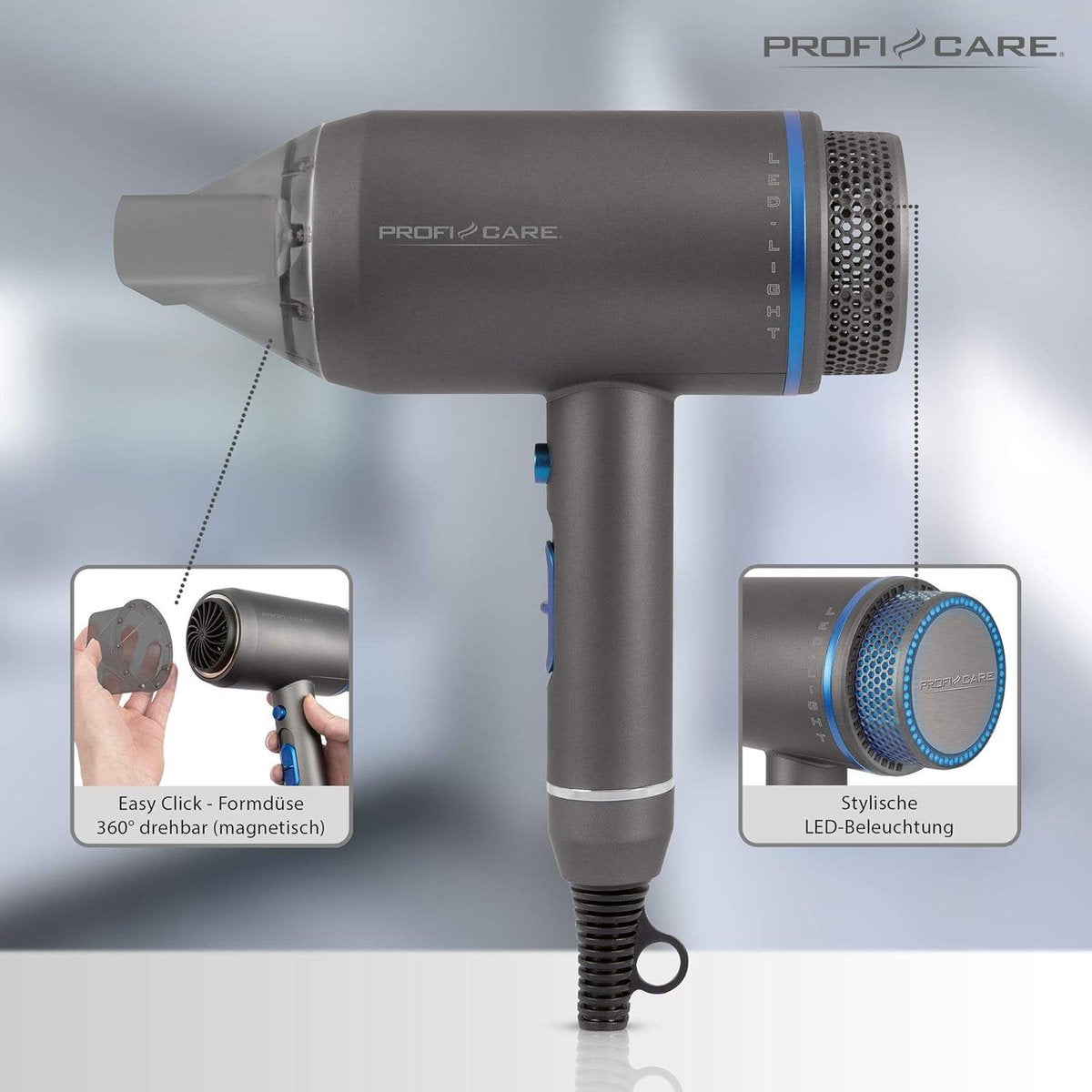 Hair Dryer with Diffuser - Professional - Blue-Anthracite - Accessories - 1600 Watt Compact