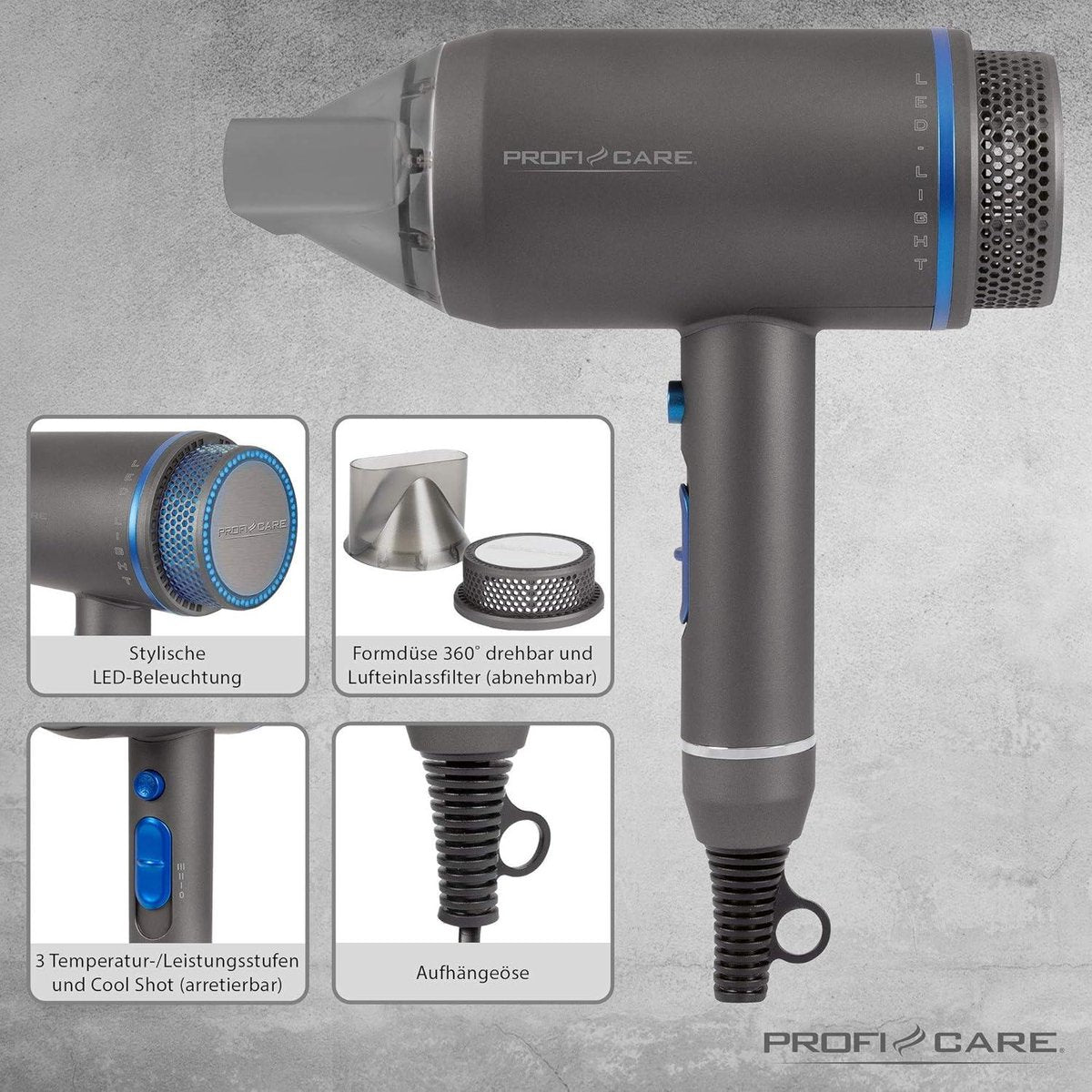 Hair Dryer with Diffuser - Professional - Blue-Anthracite - Accessories - 1600 Watt Compact
