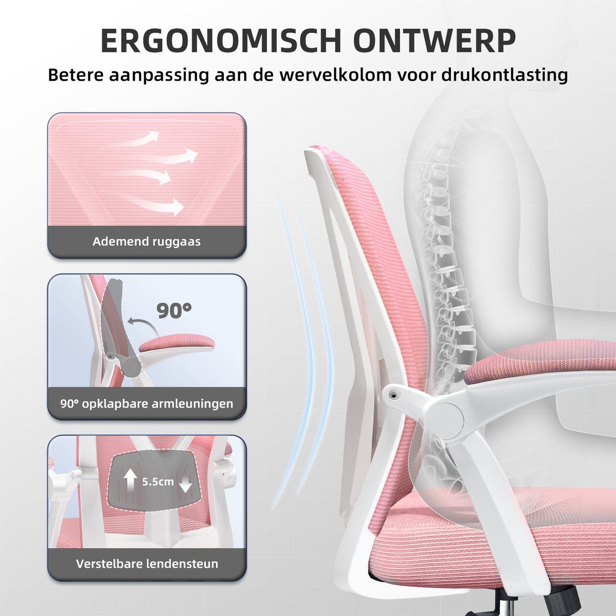 Ergonomische Bureaustoel - Bureaustoel - Bureaustoelen voor Volwassenen - 150 kg - Roze wit