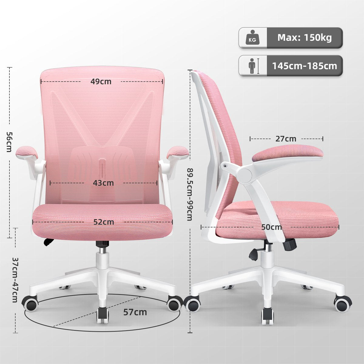 Ergonomische Bureaustoel - Bureaustoel - Bureaustoelen voor Volwassenen - 150 kg - Roze wit