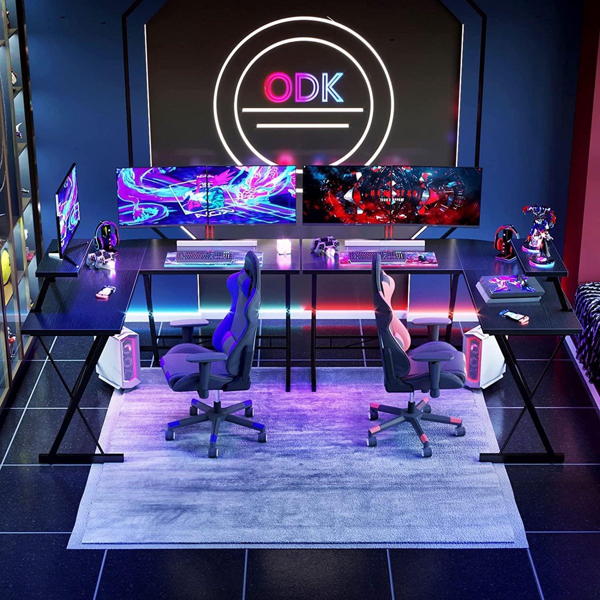 Gamebureau – L-Vormig Hoekbureau – Gaming Desk – Computertafel – Waterdicht & Krasbestendig Gaming Bureau – 130x130x96,5 cm – Gametafel met Monitorstandaard – Eikenhout Bureaublad – Verstelbaar Werktafel – Zwart