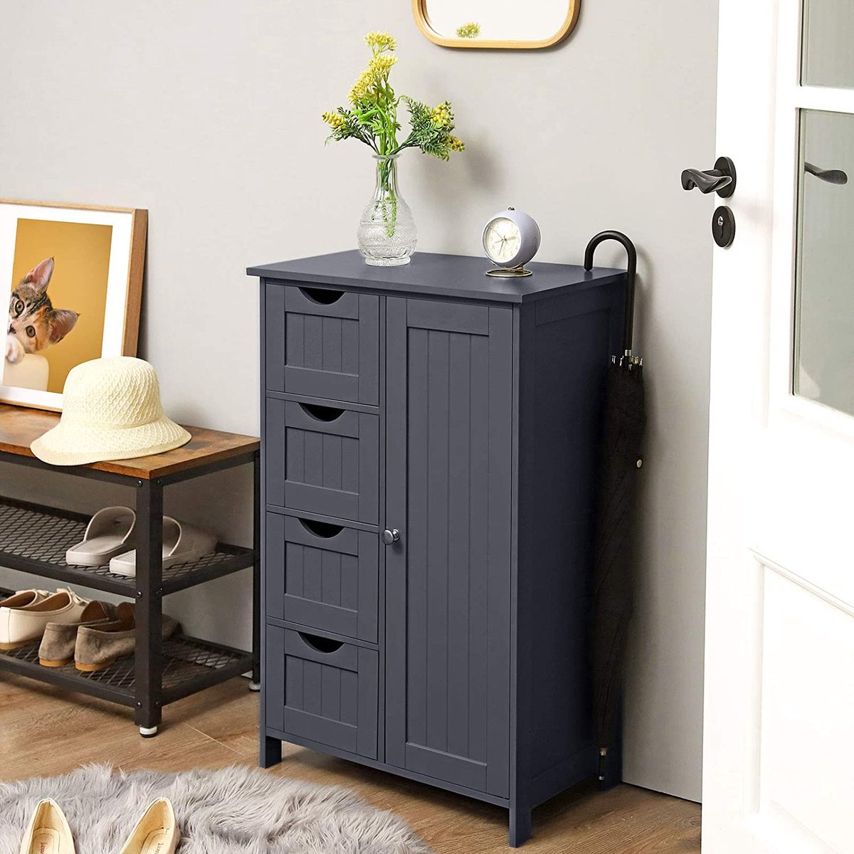 Dressoir badkamerkast, houten badkamerkast, commode met 4 lades, kastdeur, verstelbare plank, voor woonkamer, keuken, hal, diep, vrijstaand, grijs LHC41GY