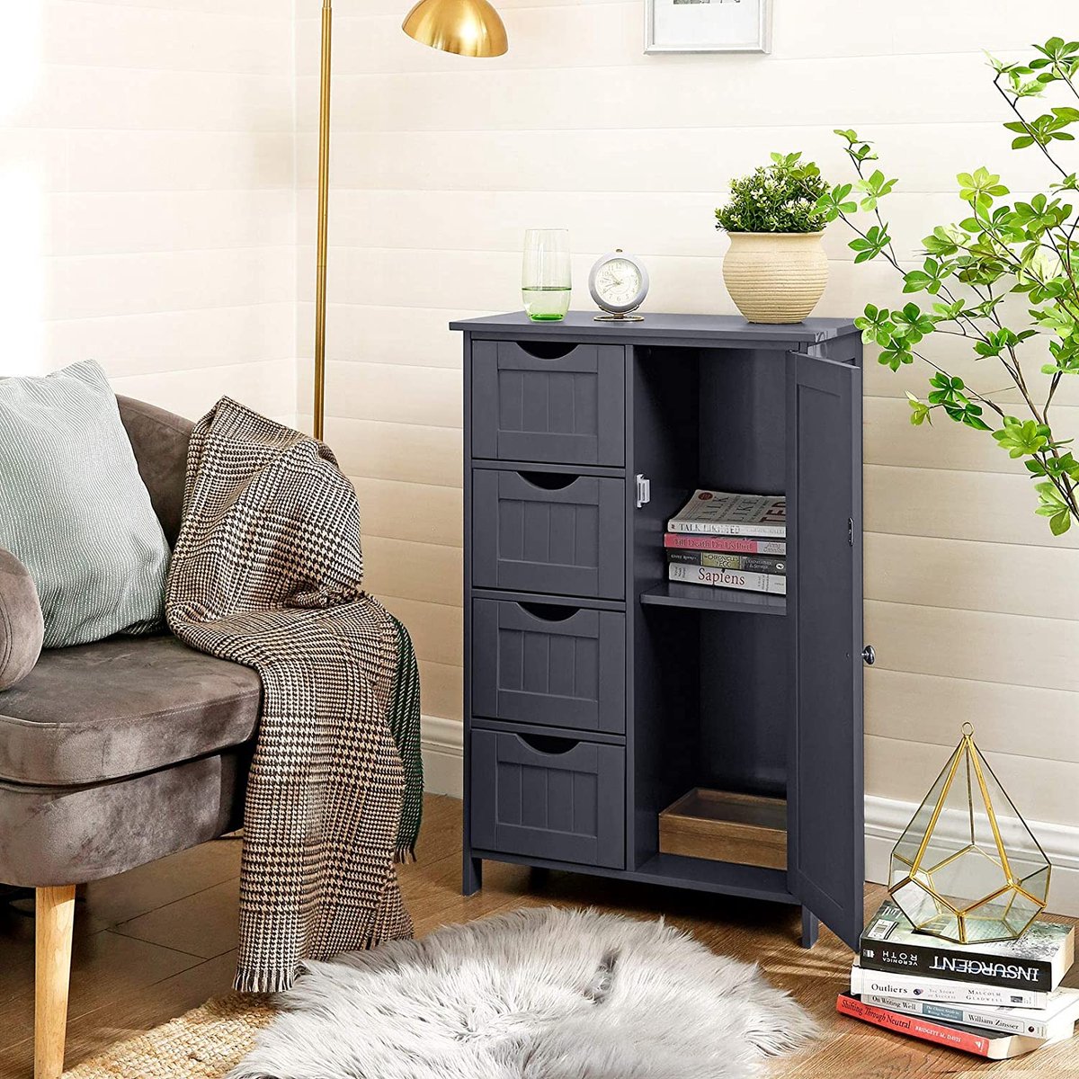 Dressoir badkamerkast, houten badkamerkast, commode met 4 lades, kastdeur, verstelbare plank, voor woonkamer, keuken, hal, diep, vrijstaand, grijs LHC41GY