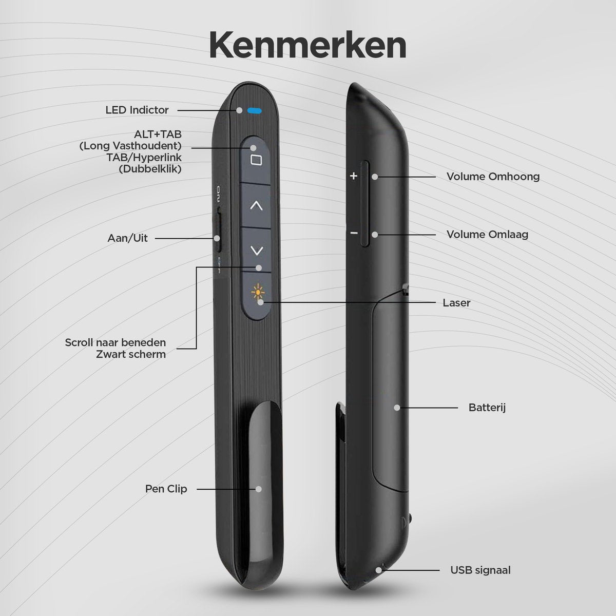 Wireless Presenter - Presentation Clicker - PowerPoint Remote - Draadloze Presenter - Laser Pointer - for Presentation - Wireless - USB - Black - Includes USB C Adapter & Storage Pouch